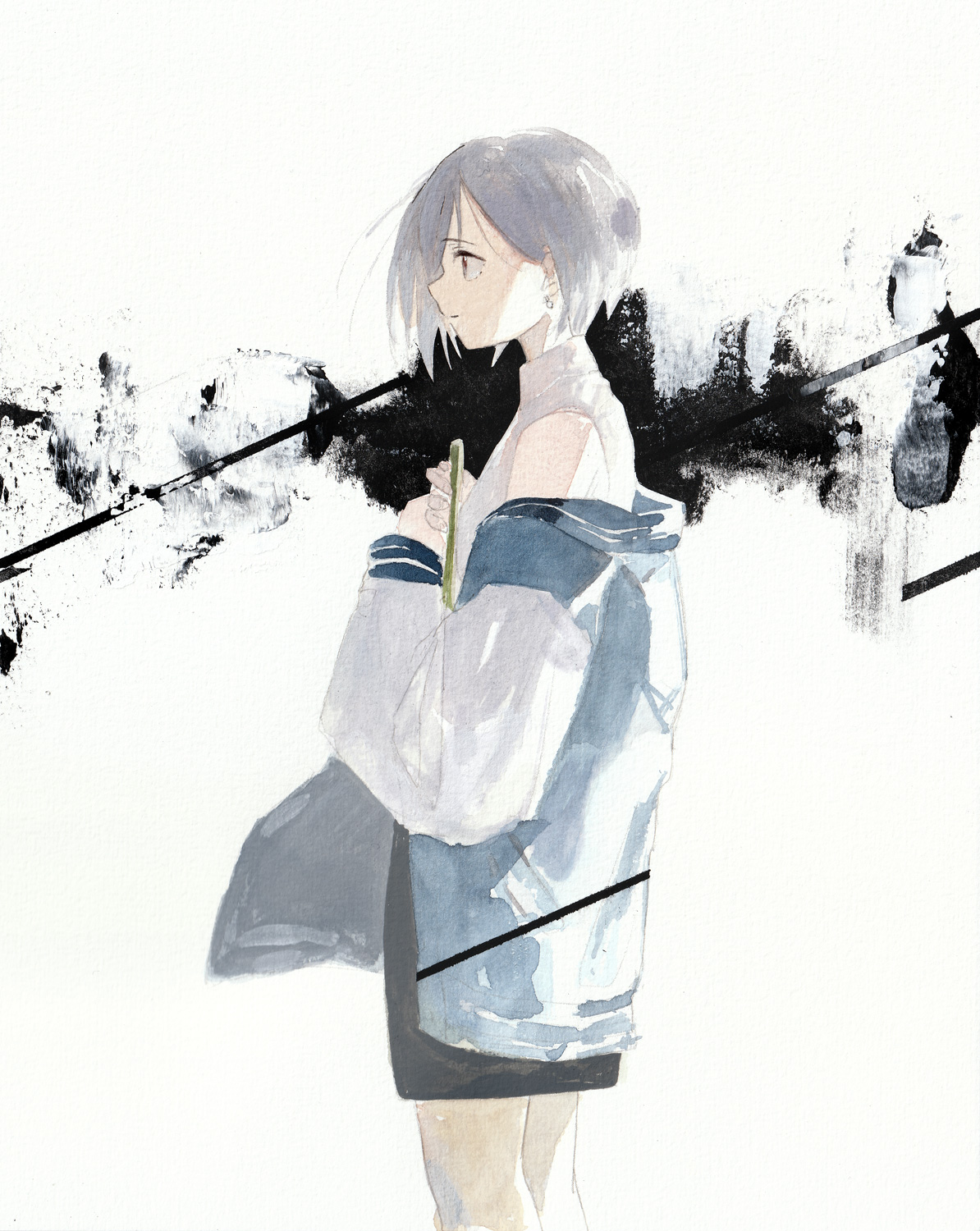 kushima yu, takamatsu tomori, bang dream!, bang dream! it's mygo!!!!!, highres, 1girl, black skirt, blue jacket, closed mouth, earrings, grey hair, holding, holding notebook, jacket, jewelry, long sleeves, notebook, off shoulder, shirt, short hair, skirt, sleeveless, sleeveless shirt, solo, white background, white shirt