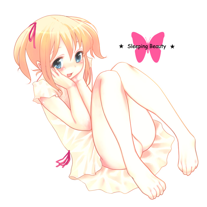gk, bad id, bad pixiv id, 1girl, barefoot, blonde hair, blue eyes, blush, dress, feet, female focus, legs, loli, short hair, solo