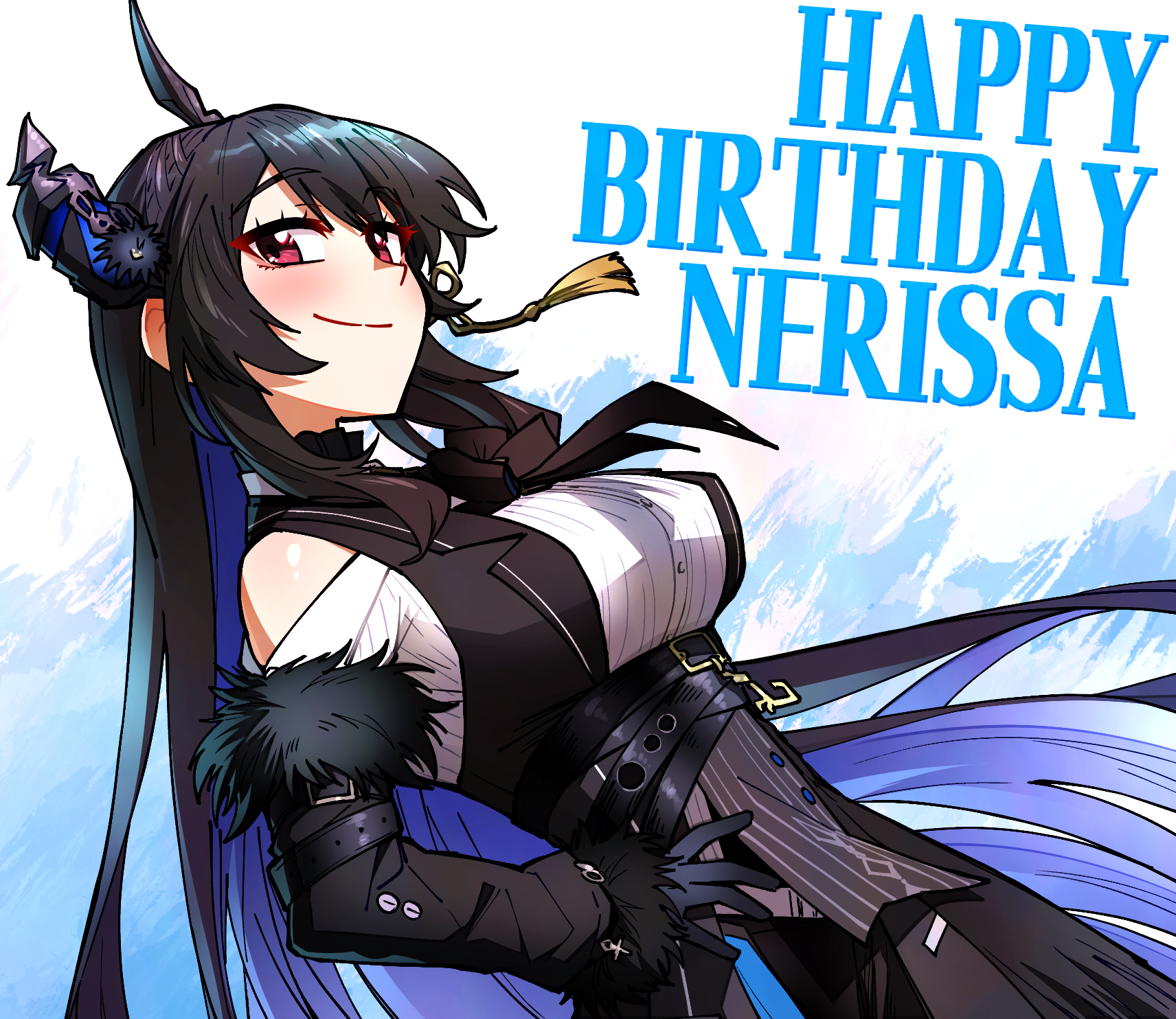 ddolbang, nerissa ravencroft, nerissa ravencroft (1st costume), hololive, hololive english, commentary request, highres, korean commentary, 1girl, asymmetrical horns, belt, black belt, black flower, black gloves, black hair, black jacket, black sleeves, blue hair, blush, breasts, character name, clothing cutout, colored inner hair, demon horns, detached sleeves, dutch angle, feather-trimmed sleeves, flower, from side, gloves, hair ornament, hand on own hip, happy birthday, horn flower, horns, jacket, large breasts, long hair, looking at viewer, multicolored hair, red eyes, shirt, shoulder cutout, sleeveless, sleeveless jacket, smug, solo, tassel, tassel hair ornament, two-tone hair, uneven horns, upper body, very long hair, virtual youtuber, white shirt