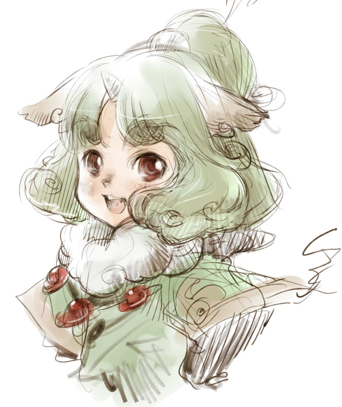 branch (blackrabbits), ikoma, original, bad id, bad pixiv id, 1girl, animal ears, blush, child, female focus, green hair, horns, red eyes, short hair, solo