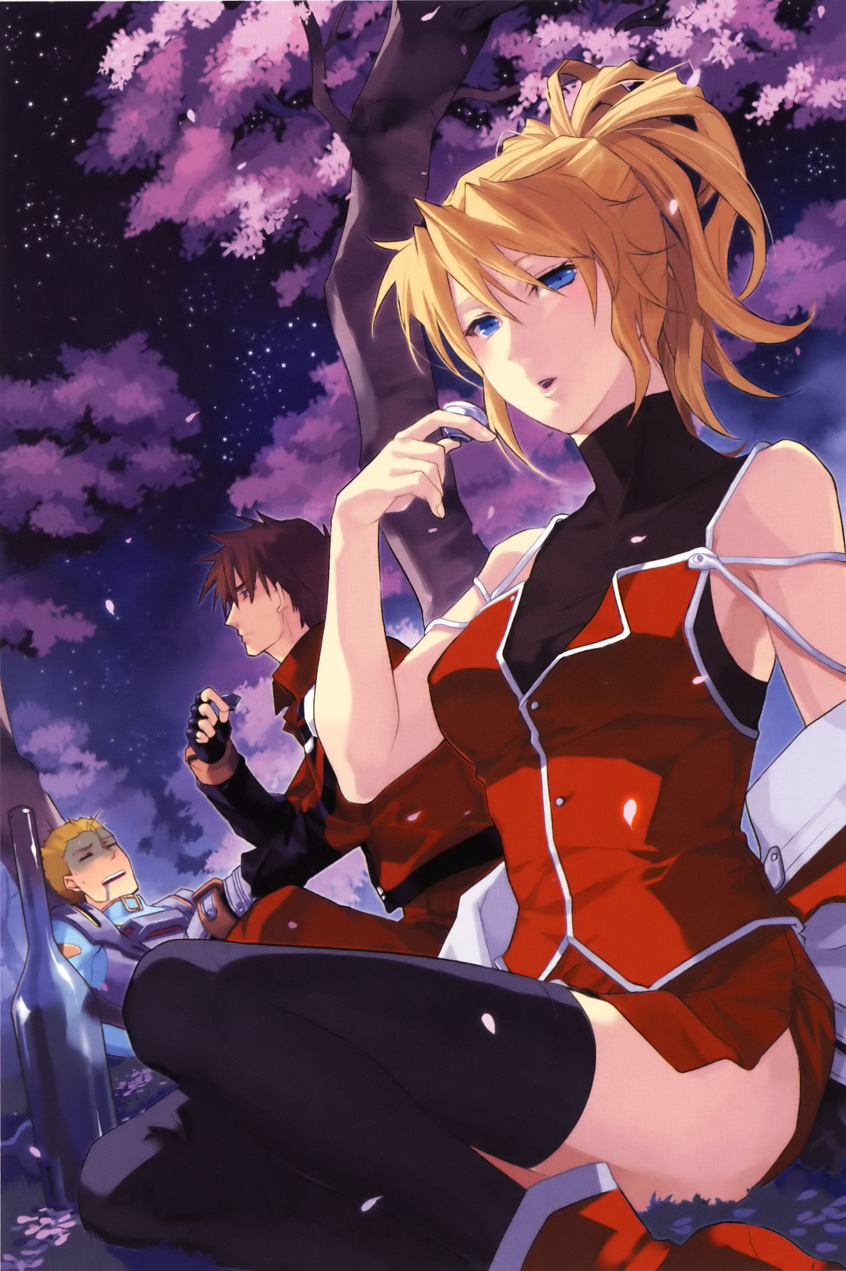 yuikawa kazuno, brooklyn luckfield, excellen browning, kyousuke nanbu, banpresto, super robot wars, super robot wars original generation, absurdres, highres, 1girl, 2boys, alcohol, bare shoulders, blonde hair, blue eyes, blush, brown hair, cherry blossoms, fingerless gloves, gloves, multiple boys, ponytail, sake, sleeping, thighhighs