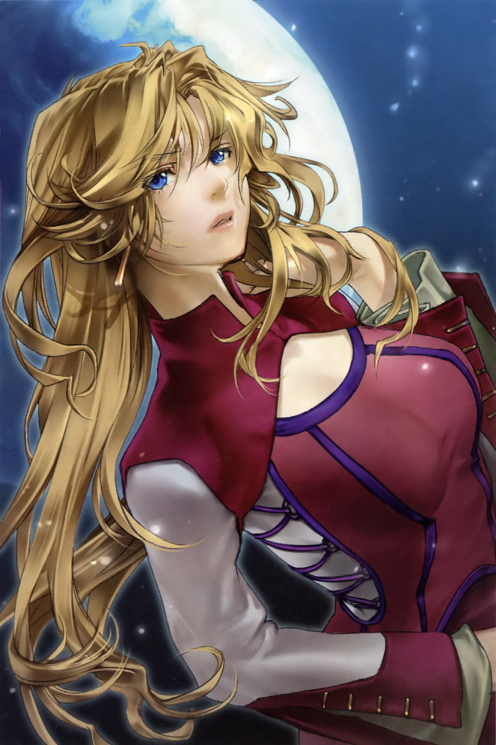 ichimura yuu, leona garstein, banpresto, super robot wars, super robot wars original generation, absurdres, highres, 1girl, blonde hair, blue eyes, female focus, lipstick, long hair, makeup, moon, outdoors, sky, solo