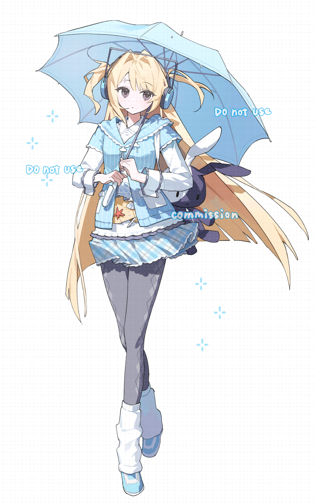 ame ame, original, commission, highres, 1girl, argyle clothes, argyle pantyhose, black pantyhose, blonde hair, blue shirt, blue shoes, blue skirt, blue umbrella, brown eyes, closed mouth, full body, headphones, holding, holding umbrella, long hair, long sleeves, looking at viewer, miniskirt, pantyhose, plaid clothes, plaid skirt, pleated skirt, shirt, shoes, simple background, skirt, socks, solo, standing, striped clothes, striped shirt, two side up, umbrella, vertical-striped clothes, vertical-striped shirt, watermark, white background, white socks