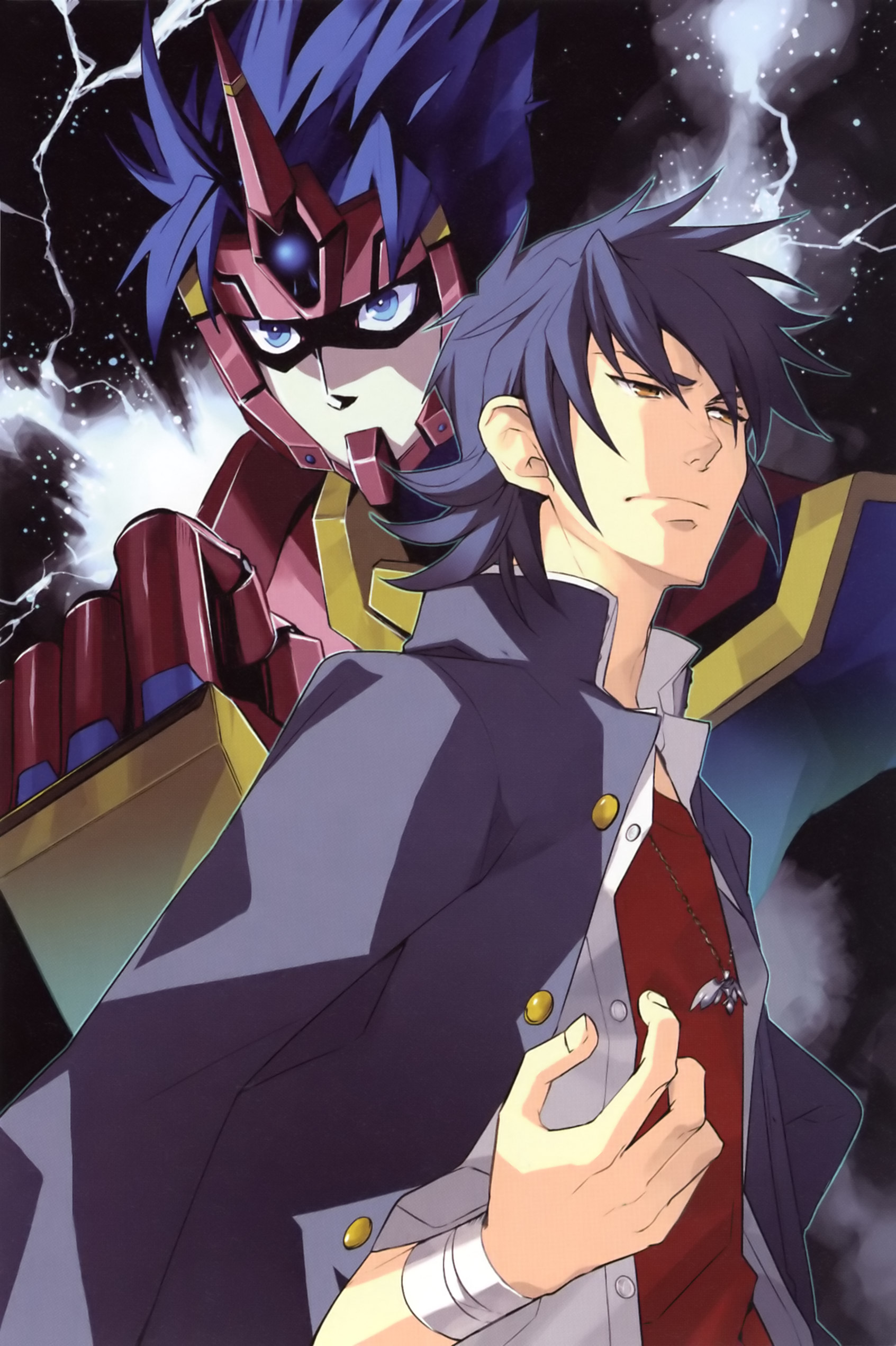 yuikawa kazuno, fighter roar, kouta azuma, banpresto, super robot wars, super robot wars original generation, super robot wars original generation gaiden, absurdres, highres, 1boy, blue eyes, blue hair, clenched hand, gakuran, lightning, male focus, multiple persona, school uniform, space, yellow eyes