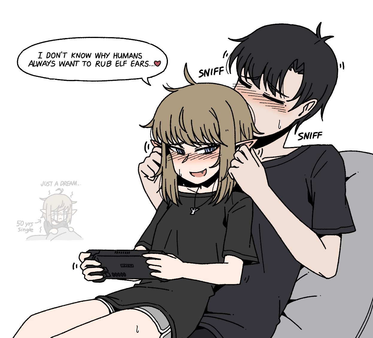 karepack, original, 1boy, 1girl, black hair, blonde hair, blue eyes, blue hair, blush, breasts, closed eyes, elf, english text, fang, handheld game console, holding, holding handheld game console, open mouth, pointy ears, short shorts, shorts, simple background, small breasts, smelling, speech bubble, steam deck, white background