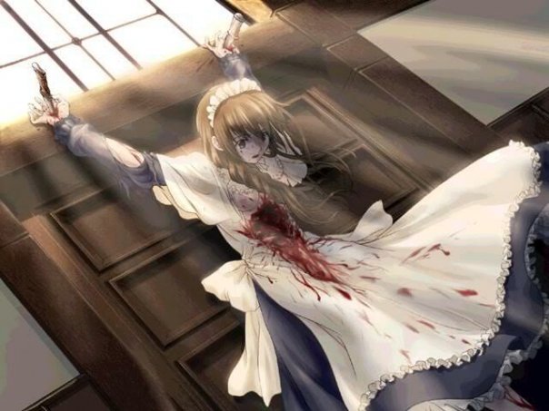 mayu ~yuki no knife~, game cg, tagme, 1girl, blood, brown eyes, brown hair, dutch angle, empty eyes, ero guro, female focus, guro, indoors, knife, long hair, maid, solo