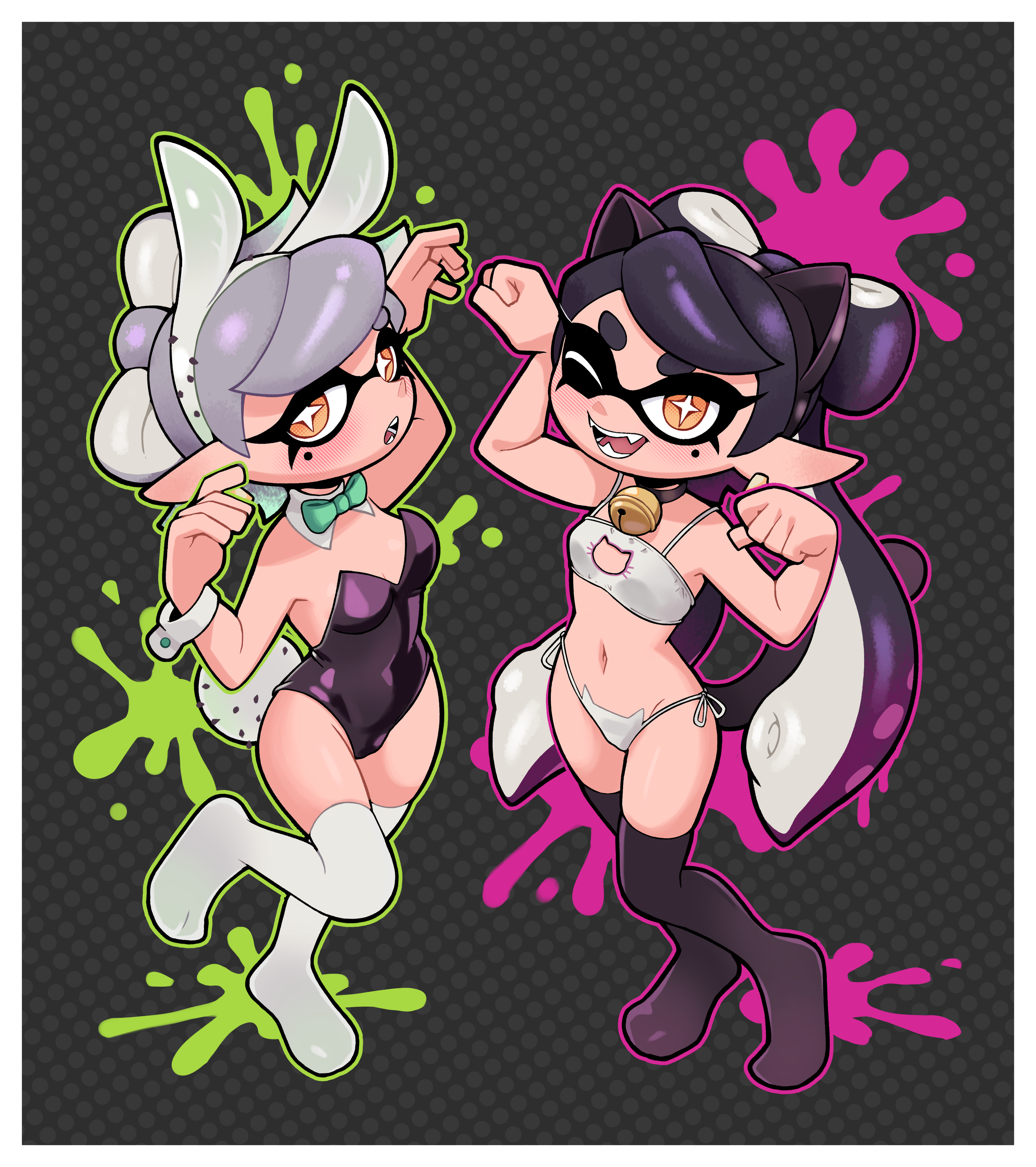 gato del futuro, callie (splatoon), marie (splatoon), nintendo, splatoon (series), absurdres, commentary, english commentary, highres, 2girls, animal ear hairband, animal ears, bikini, black hair, black leotard, blush, breasts, cat cutout, cat ear hairband, cat ears, clothing cutout, cross-shaped pupils, fake animal ears, fangs, green outline, grey hair, hairband, leotard, long hair, looking at viewer, multiple girls, open mouth, orange eyes, outline, paw pose, pink outline, playboy bunny, rabbit ear hairband, rabbit ears, short hair, small breasts, smile, swimsuit, symbol-shaped pupils, tentacle hair, thighhighs, white bikini, white thighhighs