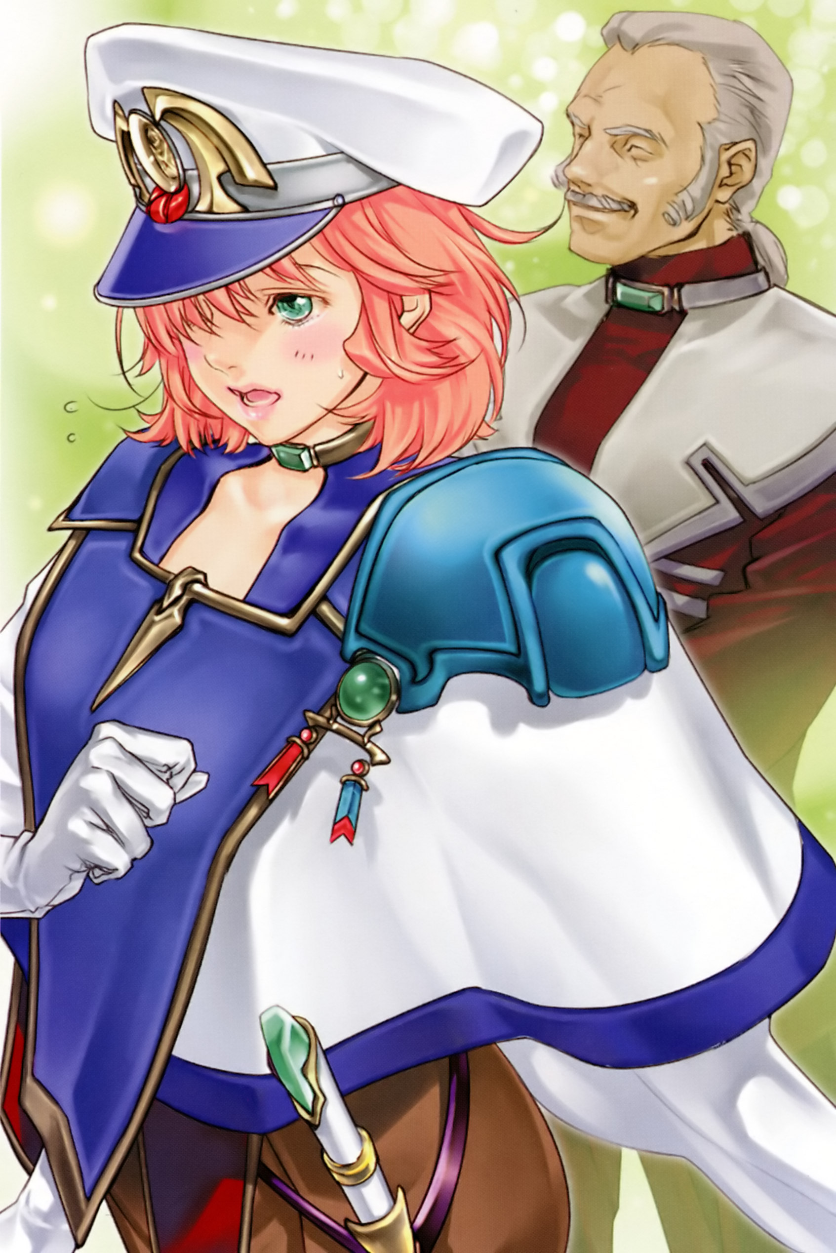 ichimura yuu, lefina enfield, sean webley, banpresto, super robot wars, super robot wars original generation, uniform, absurdres, highres, blush, gloves, green eyes, hat, lipstick, makeup, pink hair, short hair, white gloves