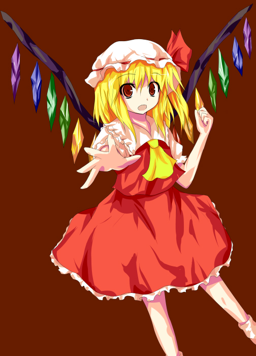 ni (ippozenshin), ni (pixiv148564), flandre scarlet, embodiment of scarlet devil, touhou, 1girl, alphes (style), blonde hair, female focus, hat, hat ribbon, open mouth, parody, red eyes, ribbon, solo, style parody, wings