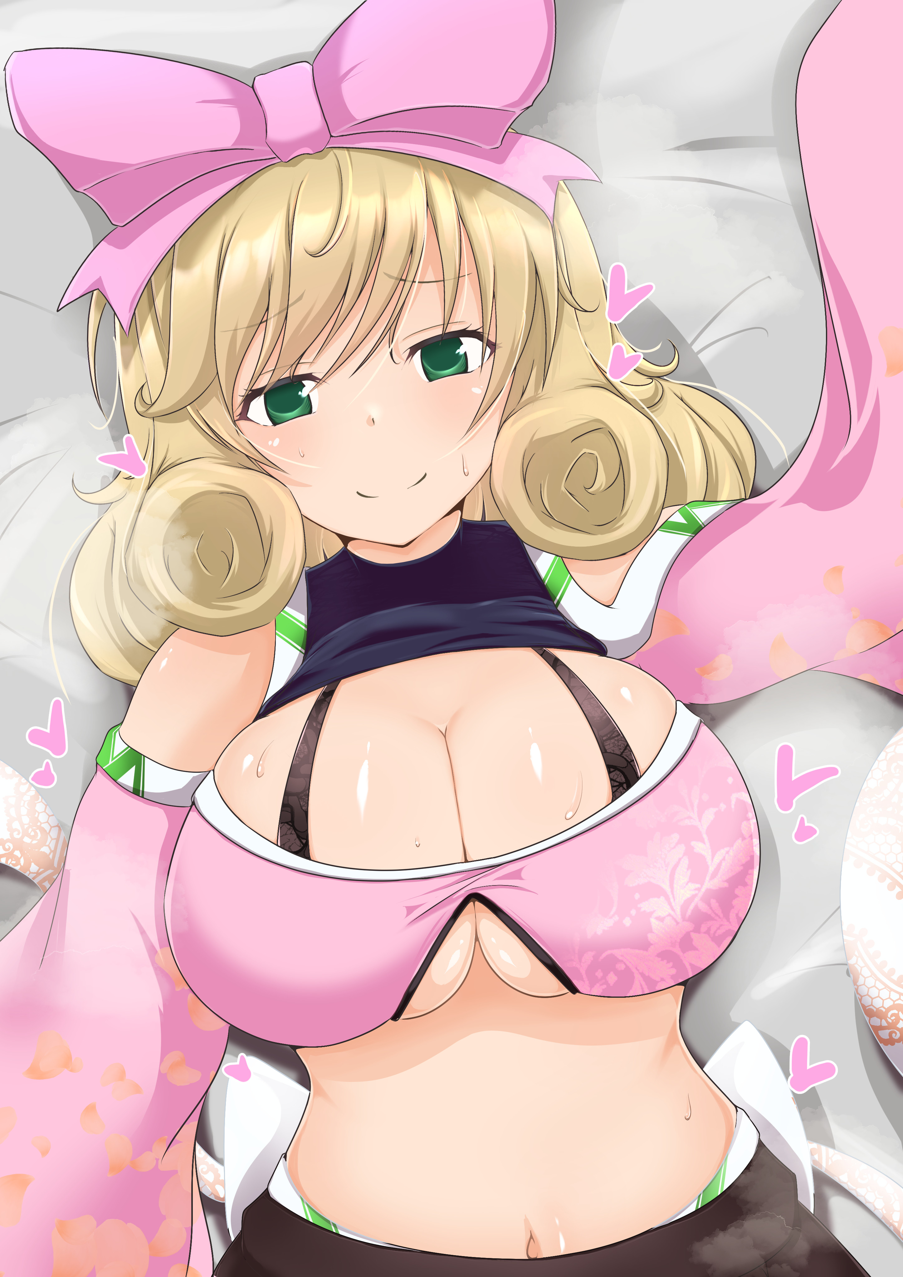 shiitake05, haruka (senran kagura), senran kagura, bare shoulders, breasts, brown hair, cleavage, crop top, detached sleeves, green eyes, hair ribbon, heart, large breasts, medium hair, ribbon, underboob