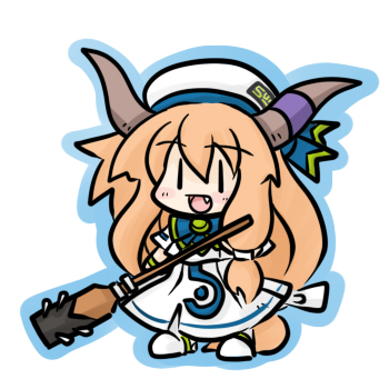 yanagi (nurikoboshi), ibuki suika, aria (manga), touhou, lowres, 1girl, blouse, chibi, cosplay, fang, female focus, full body, hat, horns, oar, shirt, solo, white shirt, | |