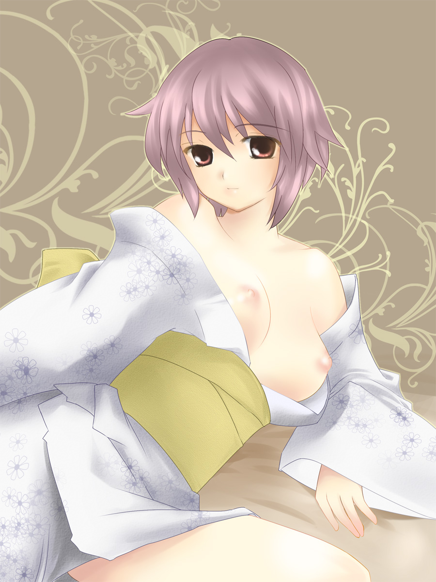 myosotis myo, nagato yuki, suzumiya haruhi no yuuutsu, bad id, bad pixiv id, highres, 00s, 1girl, breasts, female focus, japanese clothes, kimono, medium breasts, purple hair, short hair, solo, undressing, yukata