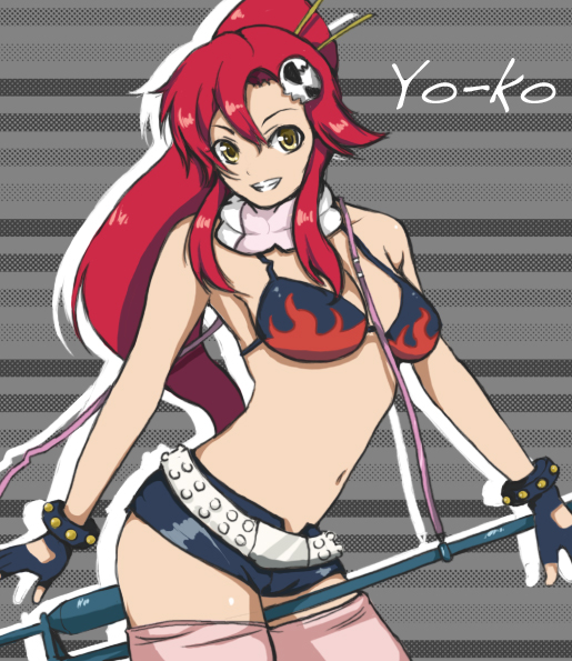 yoruichi (yoru1), yoko littner, tengen toppa gurren lagann, bad id, bad pixiv id, 00s, anti-materiel rifle, belt, bikini, bikini top only, fingerless gloves, gloves, grin, gun, long hair, navel, ponytail, red hair, rifle, scarf, short shorts, shorts, smile, sniper rifle, solo, swimsuit, thighhighs, weapon, yellow eyes