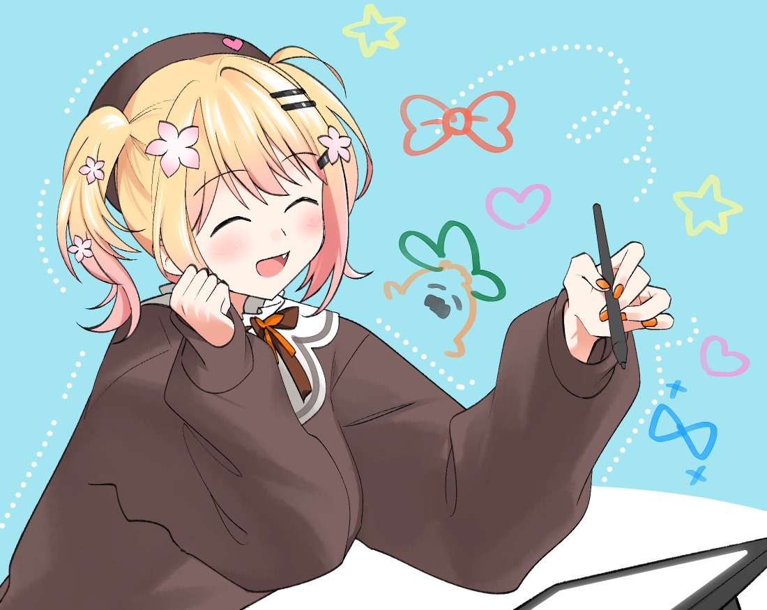 momosuzu nene, momosuzu nene (casual), nekko (momosuzu nene), hololive, commentary request, 1girl, beret, blue background, blush, bow, bowtie, brown bow, brown bowtie, brown cardigan, brown hat, cardigan, closed eyes, drawing tablet, fang, flower, hair flower, hair ornament, hand up, hat, holding, holding stylus, nail polish, official alternate costume, official alternate hairstyle, open mouth, orange nails, pink flower, sailor collar, sidelocks, smile, solo, stylus, swept bangs, twintails, uuoftn, virtual youtuber, white sailor collar