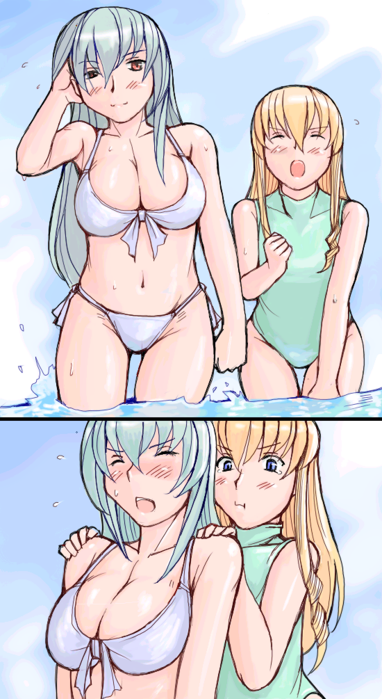 tsuda nanafushi, shinku, suigintou, rozen maiden, 00s, 2girls, :t, aged up, back rub, bikini, breast envy, breasts, cleavage, flat chest, large breasts, massage, multiple girls, one-piece swimsuit, side-tie bikini bottom, swimsuit