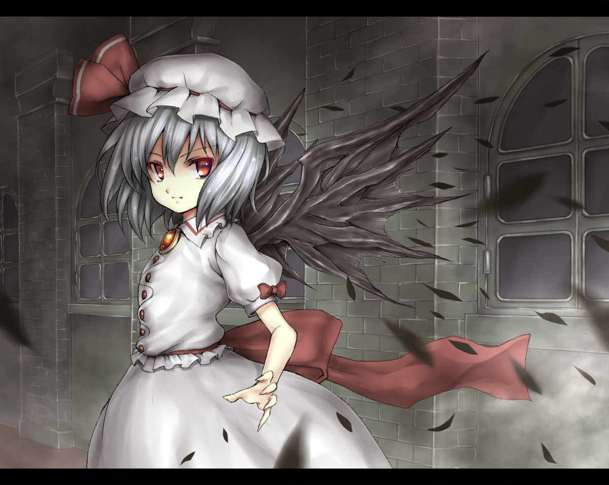 takemori shintarou, remilia scarlet, touhou, silver hair, bad id, bad pixiv id, 1girl, female focus, hat, letterboxed, red eyes, short hair, solo, window, wings