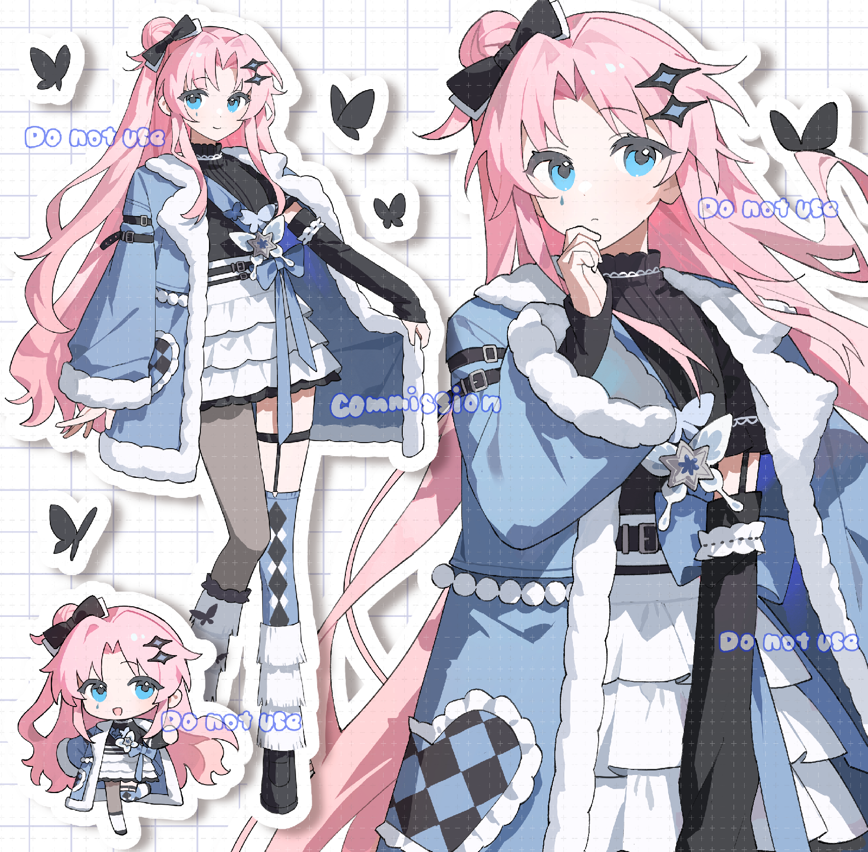 ame ame, original, commission, highres, 1girl, :d, asymmetrical legwear, black bow, black butterfly, black gloves, black shoes, black sweater, blue coat, blue eyes, blue thighhighs, bow, bug, butterfly, chibi, closed mouth, coat, drop shadow, elbow gloves, full body, fur-trimmed coat, fur-trimmed sleeves, fur trim, gloves, grey pantyhose, grid background, hair bow, hair bun, hand up, insect, long hair, long sleeves, mismatched legwear, multiple views, open clothes, open coat, open mouth, outline, pantyhose, parted bangs, pink hair, shoes, single hair bun, single leg pantyhose, single thighhigh, skirt, smile, standing, sweater, thigh strap, thighhighs, uneven legwear, watermark, white background, white outline, white skirt