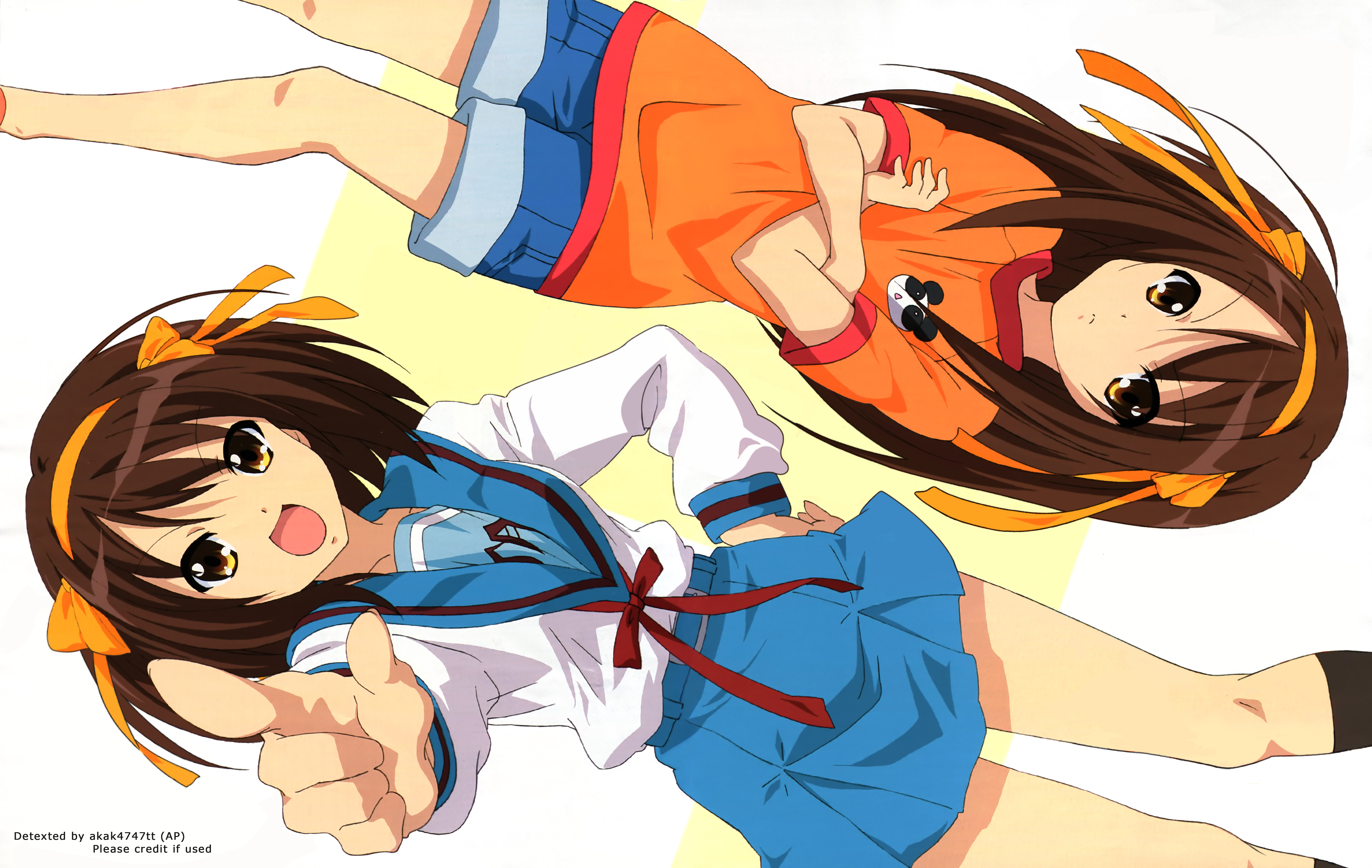 sakamoto kazuya, suzumiya haruhi, suzumiya haruhi (young), suzumiya haruhi no yuuutsu, absurdres, detexted, highres, non-web source, third-party edit, 00s, 2girls, aged down, brown eyes, brown hair, casual, crossed arms, dual persona, hairband, headband, long hair, multiple girls, orange shirt, school uniform, serafuku, shirt, short hair, socks, time paradox