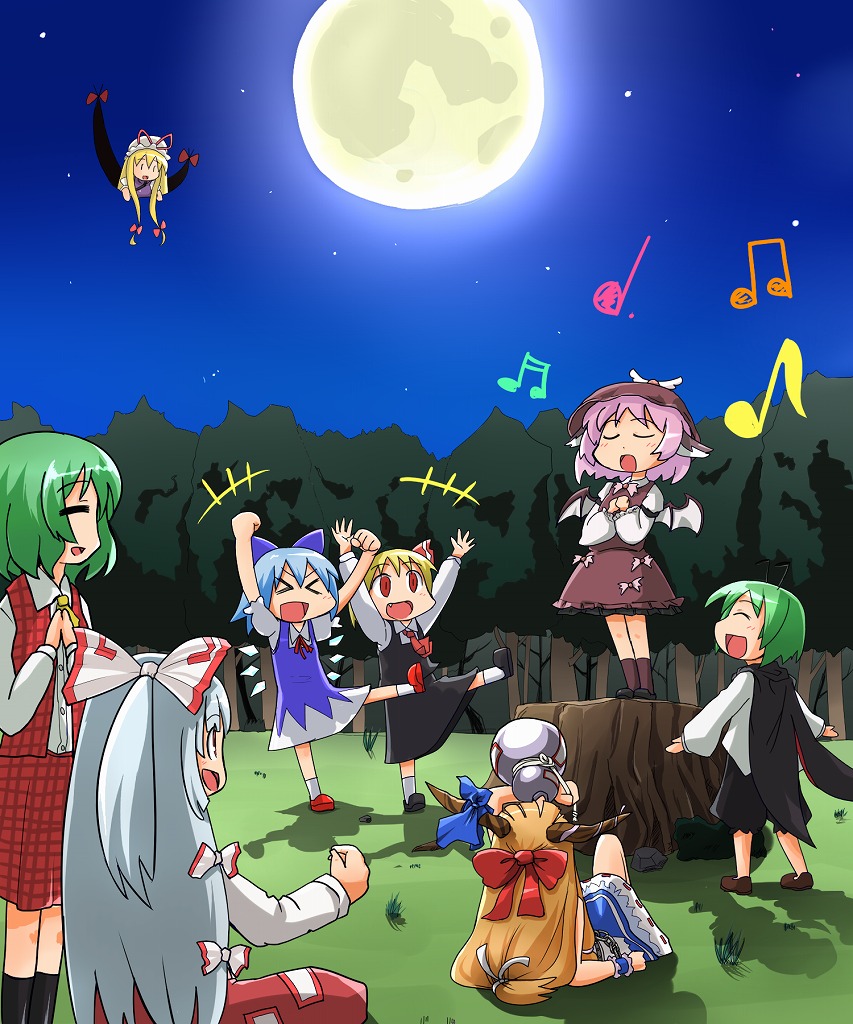 maru take, cirno, fujiwara no mokou, ibuki suika, kazami yuuka, mystia lorelei, rumia, wriggle nightbug, yakumo yukari, touhou, > <, 6+girls, :d, ascot, blonde hair, closed eyes, dancing, fang, forest, gap (touhou), moon, multiple girls, music, musical note, nature, night, open mouth, plaid clothes, plaid skirt, plaid vest, red eyes, singing, skirt, skirt set, sky, smile, star (sky), starry sky, team 9 (touhou), vest