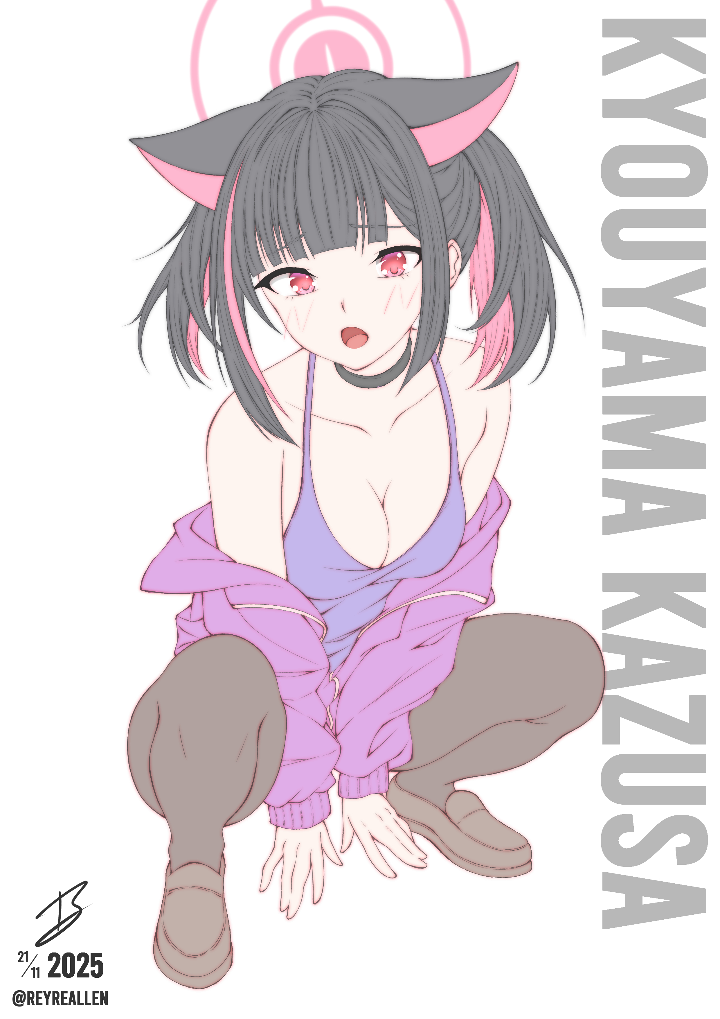 blackpaopu, realen, kazusa (blue archive), blue archive, absurdres, highres, 1girl, alternate costume, animal ears, black choker, black hair, blue camisole, blue jacket, breasts, camisole, cat ears, cat girl, character name, choker, cleavage, colored inner animal ears, colored inner hair, dated, extra ears, full body, halo, jacket, multicolored hair, open mouth, pink hair, pink halo, signature, solo, squatting, two-tone hair, white background