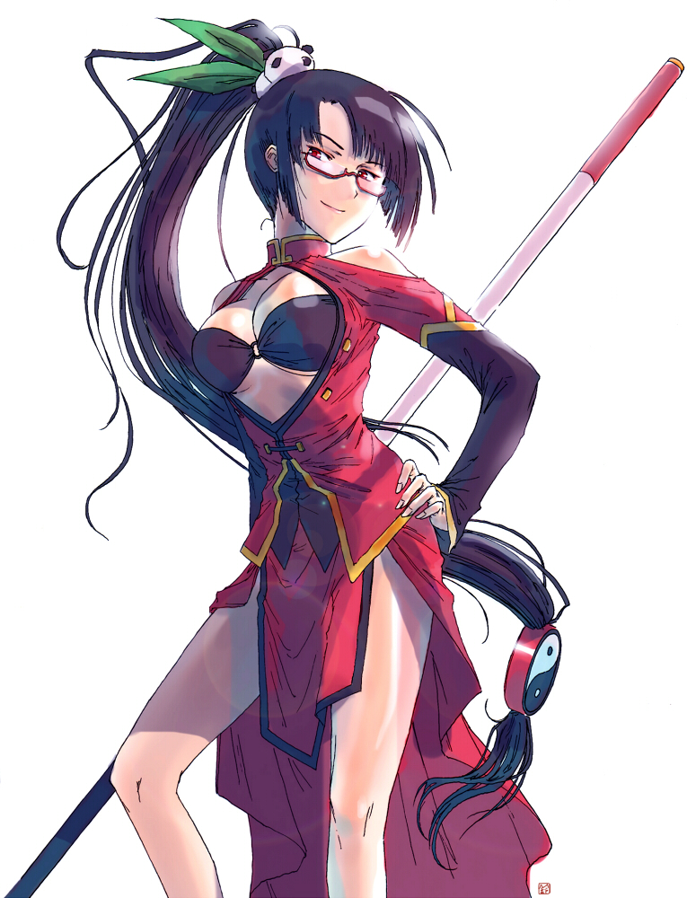 suzumaru, lao jiu, litchi faye ling, arc system works, blazblue, blazblue: calamity trigger, bad id, bad pixiv id, 1girl, black hair, breasts, china dress, chinese clothes, cleavage, cleavage cutout, clothing cutout, dress, female focus, glasses, holding behind back, holding polearm, holding polearm behind back, holding weapon, holding weapon behind back, long hair, panda, polearm, ponytail, red eyes, simple background, smile, solo, staff, very long hair, yin yang