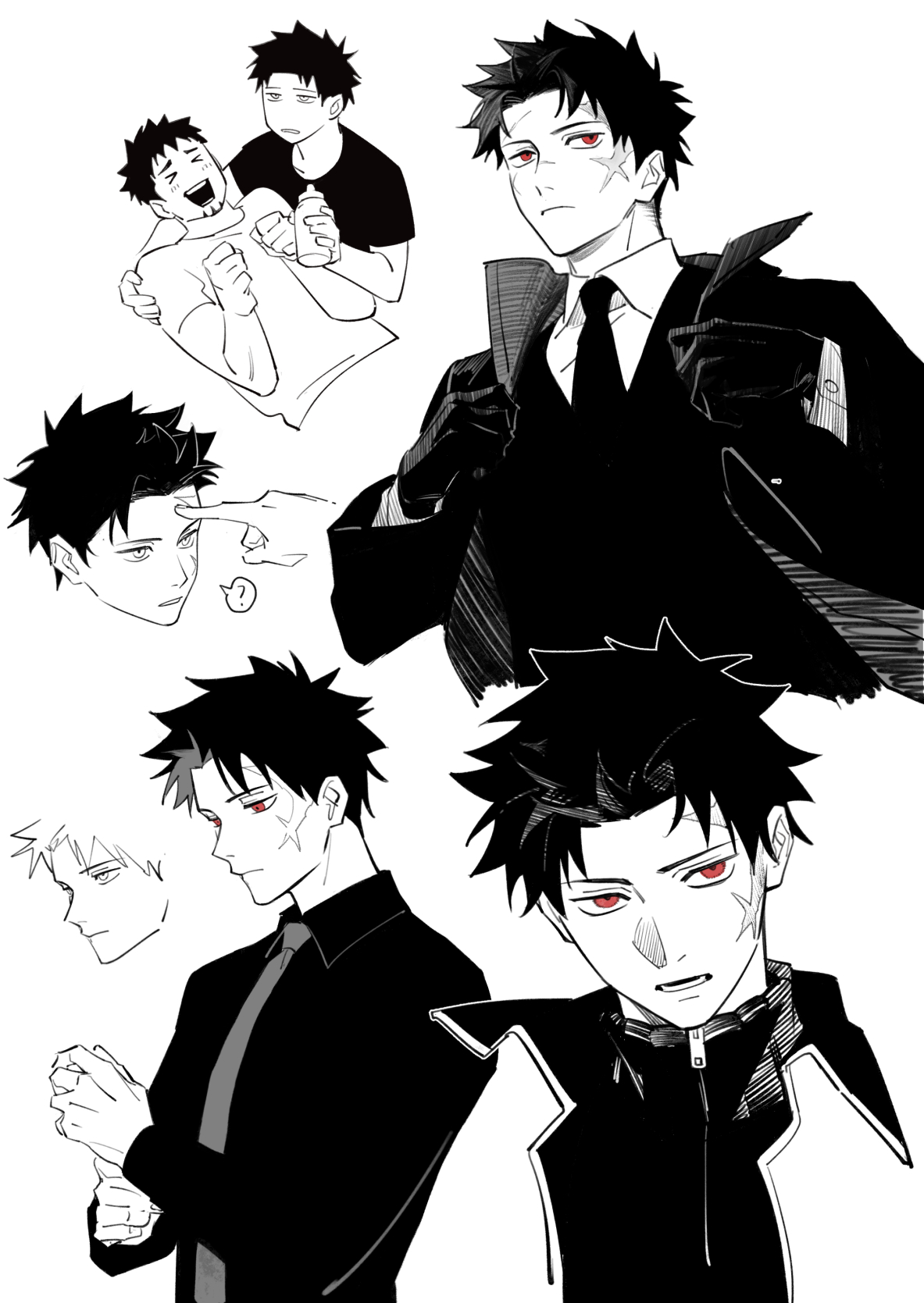 yi (826805607), rokuhira chihiro, rokuhira kunishige, kagurabachi, chinese commentary, commentary, highres, > <, 2boys, ?, baby bottle, bottle, coat, dress shirt, facial hair, father and son, finger to head, forehead, formal clothes, gloves, goatee, greyscale, jacket, male focus, monochrome, multiple boys, multiple views, necktie, red eyes, scar, scar on face, shirt, simple background, spiked hair, spoken question mark, spot color, suit, suit jacket, t-shirt, turtleneck, turtleneck jacket, zipper