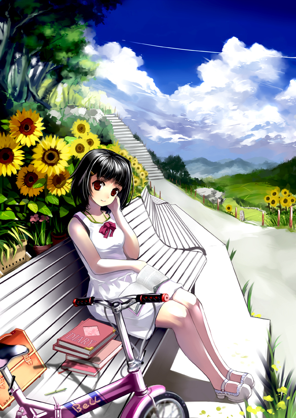 miyazakisoul, original, bad id, bad pixiv id, 1girl, bench, bicycle, black hair, book, day, dress, female focus, flower, folding bicycle, mary janes, red eyes, scenery, shoes, short hair, sitting, sky, solo, stairs, sunflower