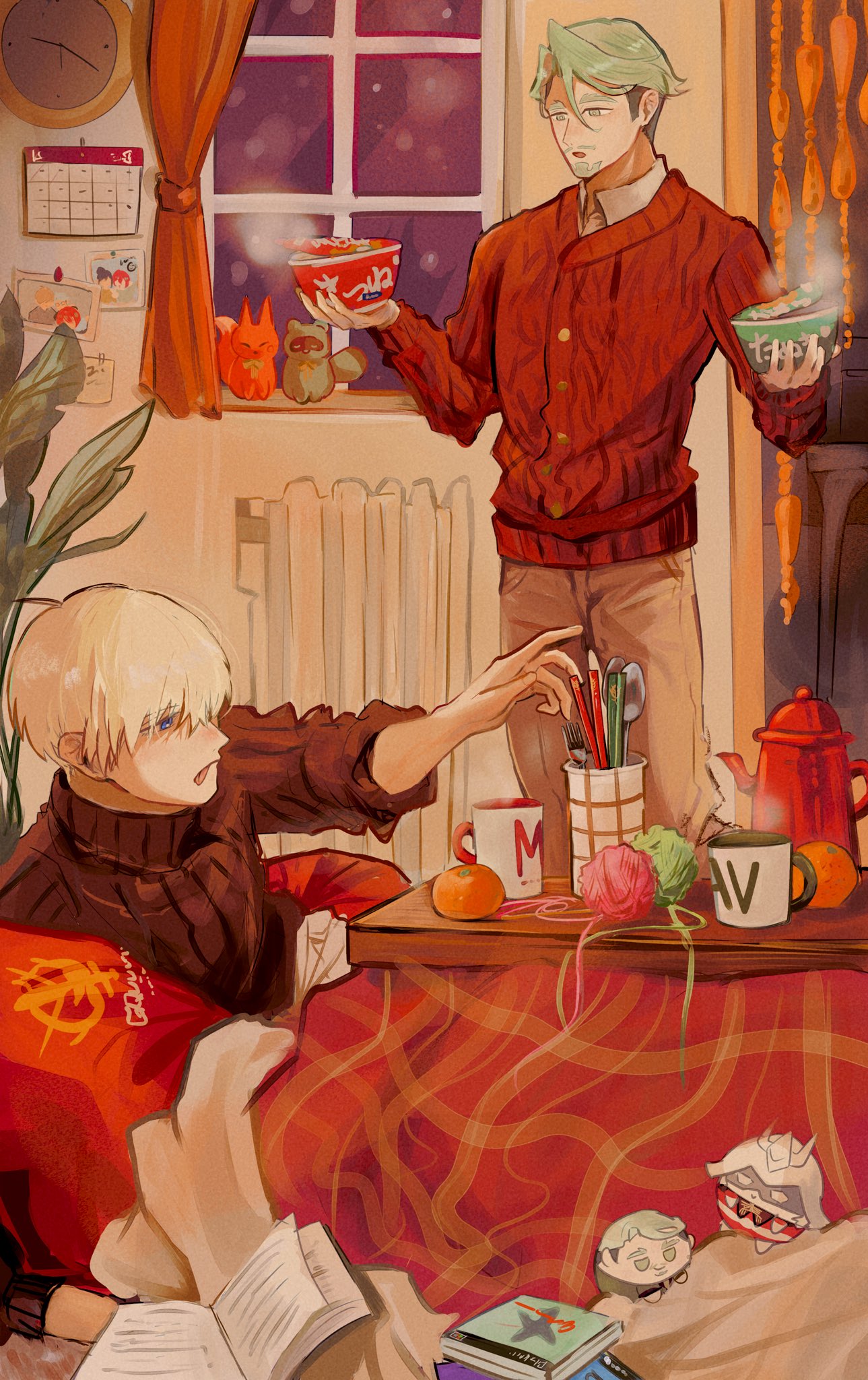 rendaaa fe, amate yuzuriha, challia bull, char aznable, nyaan (gundam gquuuuuux), gundam, gundam gquuuuuux, commentary request, highres, 2boys, :o, :p, alternate costume, bead curtain, black sweater, blonde hair, blue eyes, book, brown pants, calendar (object), cardigan, character doll, chopsticks, collared shirt, cup, curtains, cushion, doll, food, fork, fruit, green eyes, green hair, hair between eyes, indoors, kettle, kotatsu, long sleeves, male focus, mandarin orange, maruchan akai kitsune udon, maruchan midori no tanuki tensoba, mug, multiple boys, open book, pants, photo (object), plant, radiator, red cardigan, ribbed sweater, shirt, short hair, snowing, spoon, steam, stuffed raccoon, stuffed tanuki, sweater, table, thick eyebrows, tongue, tongue out, turtleneck, turtleneck sweater, under kotatsu, under table, white shirt, window, wing collar, yarn, yarn ball