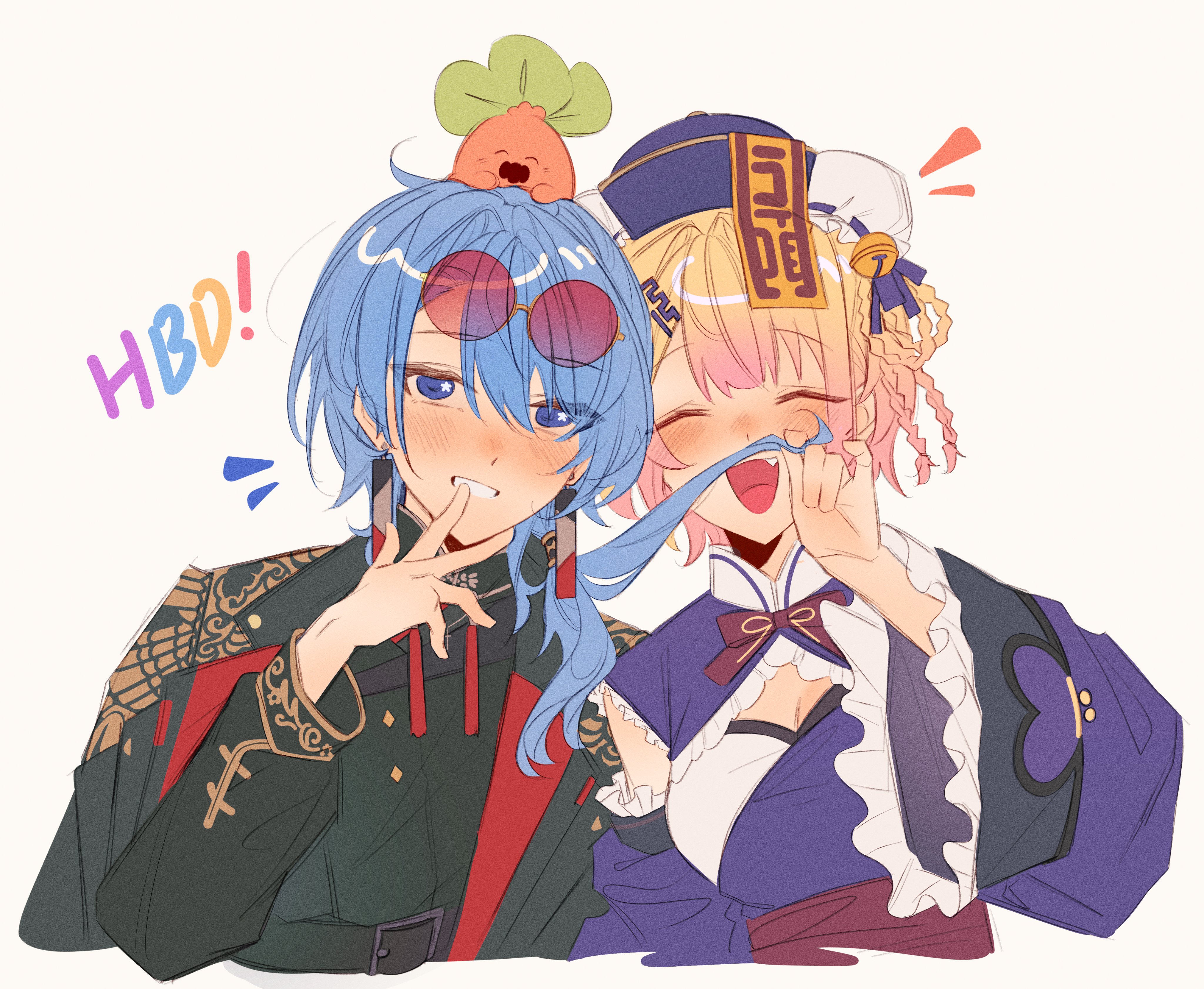 legzy, hoshimachi suisei, hoshimachi suisei (oriental suit), momosuzu nene, momosuzu nene (jiangshi), nekko (momosuzu nene), hololive, absurdres, commentary, english commentary, highres, second-party source, 2girls, black coat, blonde hair, blue eyes, blue hair, braid, braided hair rings, breasts, bun cover, cleavage, cleavage cutout, closed eyes, clothing cutout, coat, cropped torso, double bun, dress, earrings, eyewear on head, facing viewer, fang, frilled dress, frills, gift art, gradient hair, grin, hair bun, hair mustache, hair ornament, hair over shoulder, hair rings, hairclip, hanafuda earrings, happy birthday, hat, holding another's hair, jewelry, large breasts, long hair, looking at viewer, low ponytail, medium hair, multicolored hair, multiple girls, notice lines, official alternate costume, official alternate hairstyle, ofuda, ofuda on head, on head, open mouth, pink hair, ponytail, print coat, purple dress, purple hat, qingdai guanmao, quad hair rings, red-tinted eyewear, red sash, round eyewear, sash, side-by-side, simple background, smile, star (symbol), star in eye, sunglasses, swept bangs, symbol in eye, tassel, tassel earrings, tinted eyewear, virtual youtuber, white background