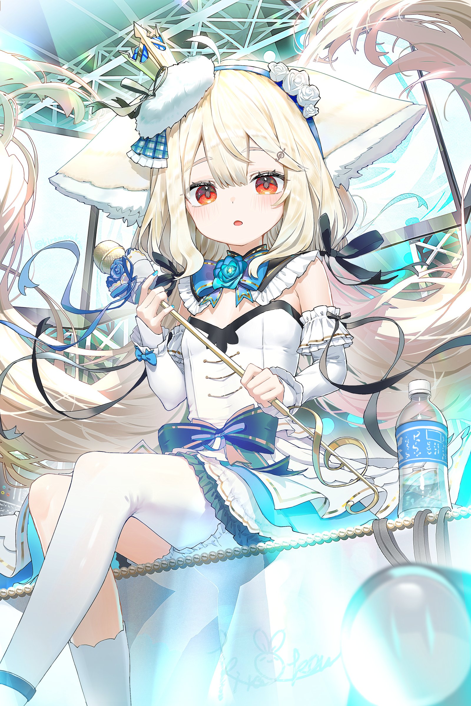 kiramarukou, sakurada shiro (idol) (hy plus), original, absurdres, commentary, highres, symbol-only commentary, 1girl, animal ears, armpit crease, blonde hair, blue bow, blue bowtie, blush, bow, bowtie, breasts, crown, detached sleeves, double-parted bangs, dress, floating hair, fox ears, frills, hairband, large ears, long hair, looking at viewer, parted lips, red eyes, small breasts, white dress, white sleeves