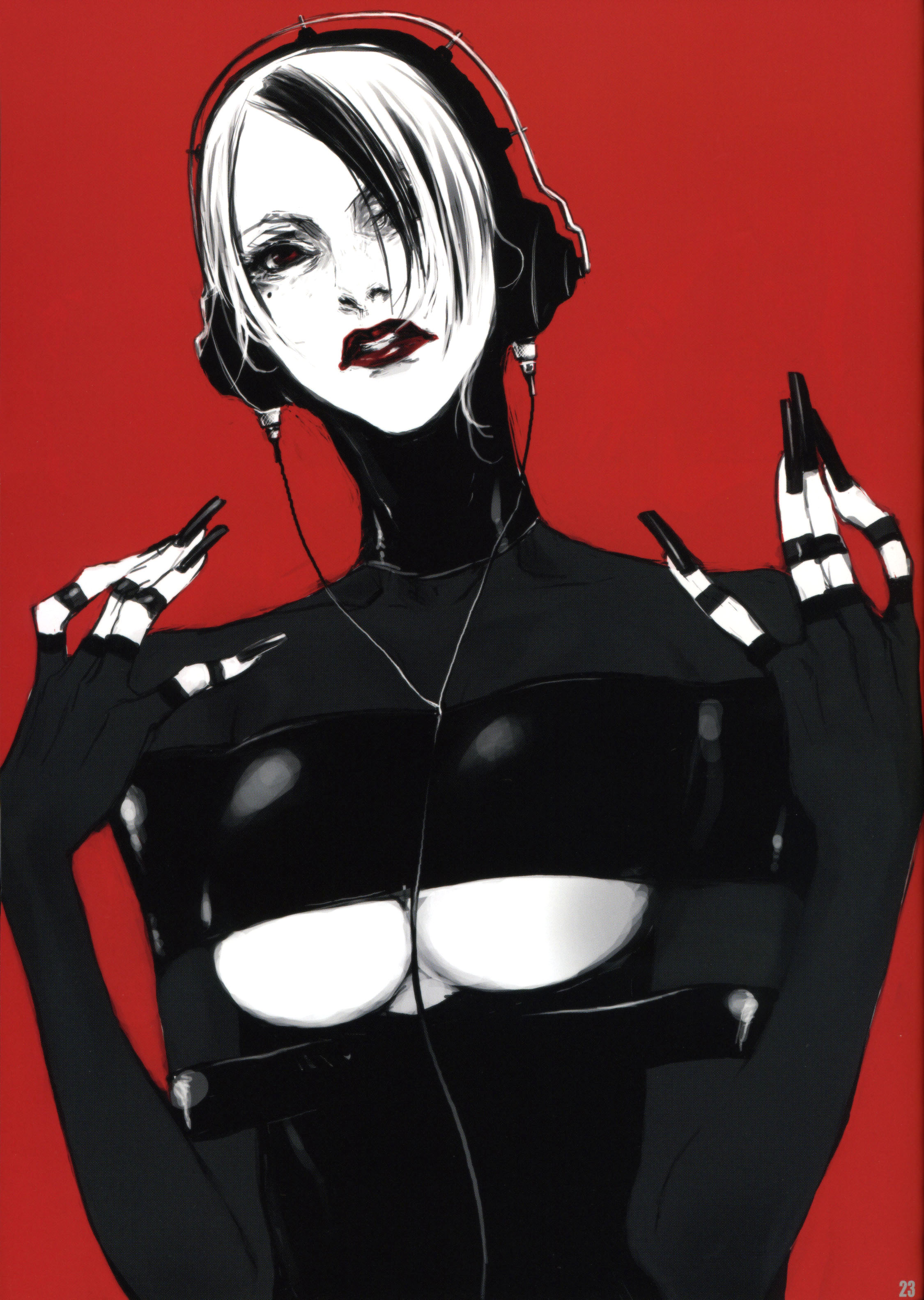 miwa shirow, absurdres, highres, 1girl, breasts, female focus, fingernails, headphones, large breasts, lipstick, long fingernails, makeup, mole, mole under eye, monochrome, multicolored hair, nail (hardware), simple background, solo, two-tone hair