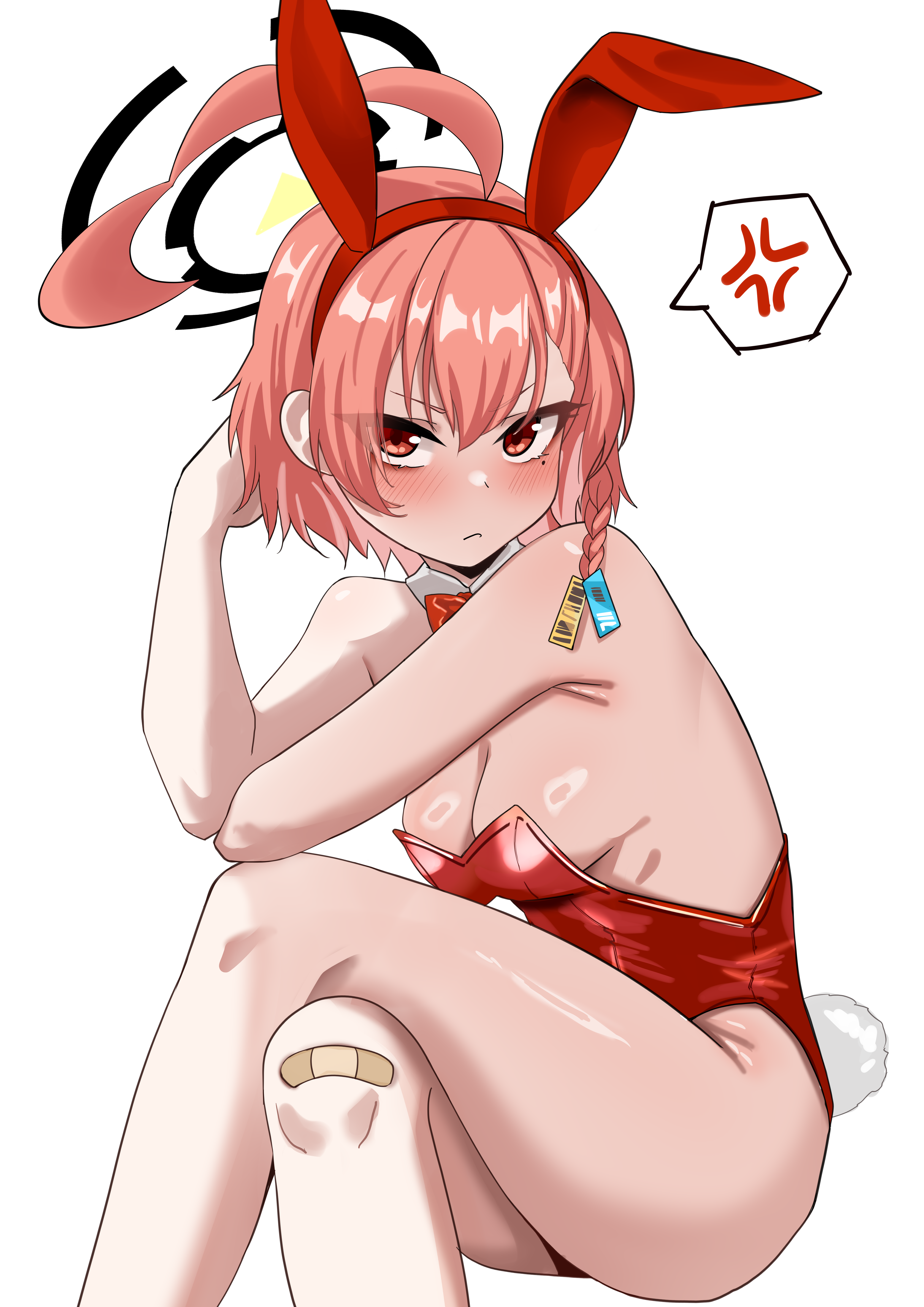 hci+, neru (blue archive), neru (bunny) (blue archive), blue archive, absurdres, highres, 1girl, ahoge, animal ear hairband, animal ears, bandaid, bandaid on knee, bandaid on leg, bare shoulders, black halo, blush, bow, bowtie, braid, breasts, crossed legs, detached collar, fake animal ears, fake tail, groin, hair between eyes, hairband, halo, huge ahoge, leotard, looking at viewer, mole, mole under eye, orange hair, playboy bunny, rabbit ear hairband, rabbit ears, rabbit tail, red bow, red bowtie, red eyes, red leotard, short hair, single braid, sitting, small breasts, solo, tail, thighs
