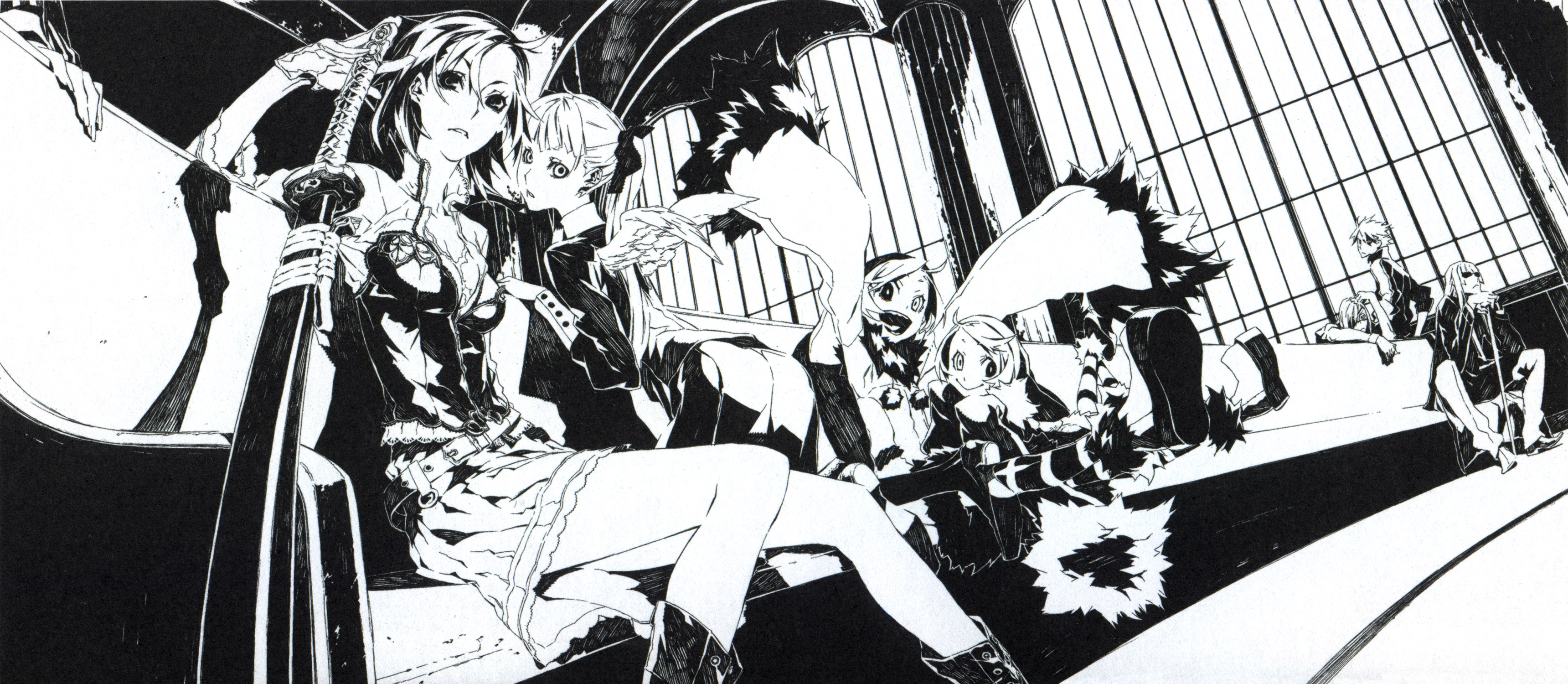 miwa shirow, badou nails, ernest rammsteiner, fuyumine naoto, haine rammsteiner, luki, nill, noki, dogs: bullets & carnage, striped, absurdres, highres, 3boys, 4girls, black hair, dress, foreshortening, gloves, happy, hat, heterochromia, katana, long sleeves, multiple boys, multiple girls, short hair, siblings, smile, sword, twins, weapon, white hair, wings