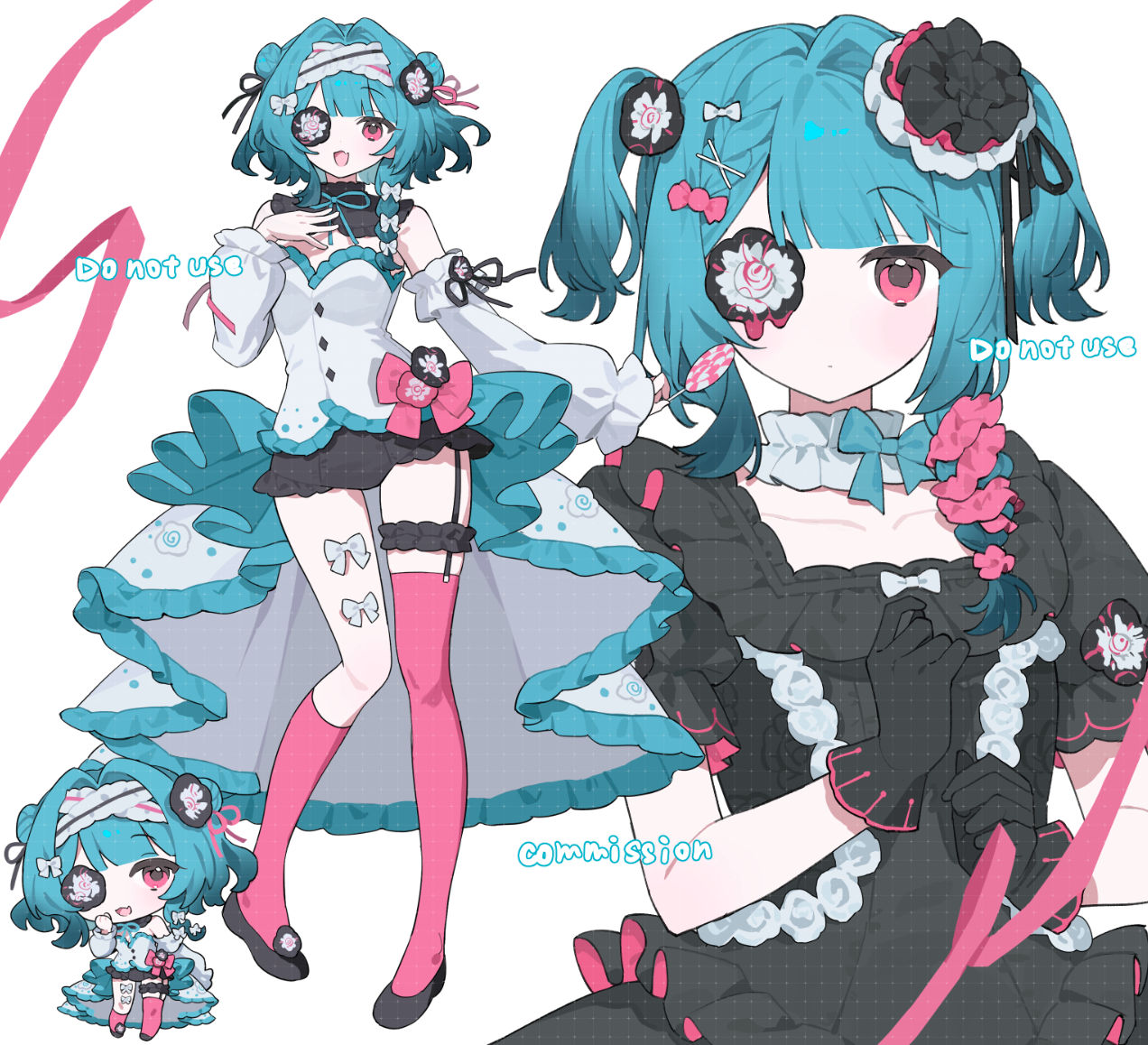 ame ame, original, commission, 1girl, :d, asymmetrical legwear, bare shoulders, black dress, black shoes, blue bow, blue bowtie, blue hair, blunt bangs, bow, bowtie, chibi, closed mouth, collarbone, detached sleeves, double bun, dress, full body, hair bun, hair intakes, hand up, kneehighs, leg bow, long hair, long sleeves, looking at viewer, multiple views, neck ribbon, one eye covered, open mouth, pink socks, pink thighhighs, red eyes, ribbon, shirt, shoes, simple background, single kneehigh, single sock, single thighhigh, sleeveless, sleeveless shirt, smile, socks, standing, thighhighs, two side up, uneven legwear, watermark, white background, white bow, white shirt, white sleeves