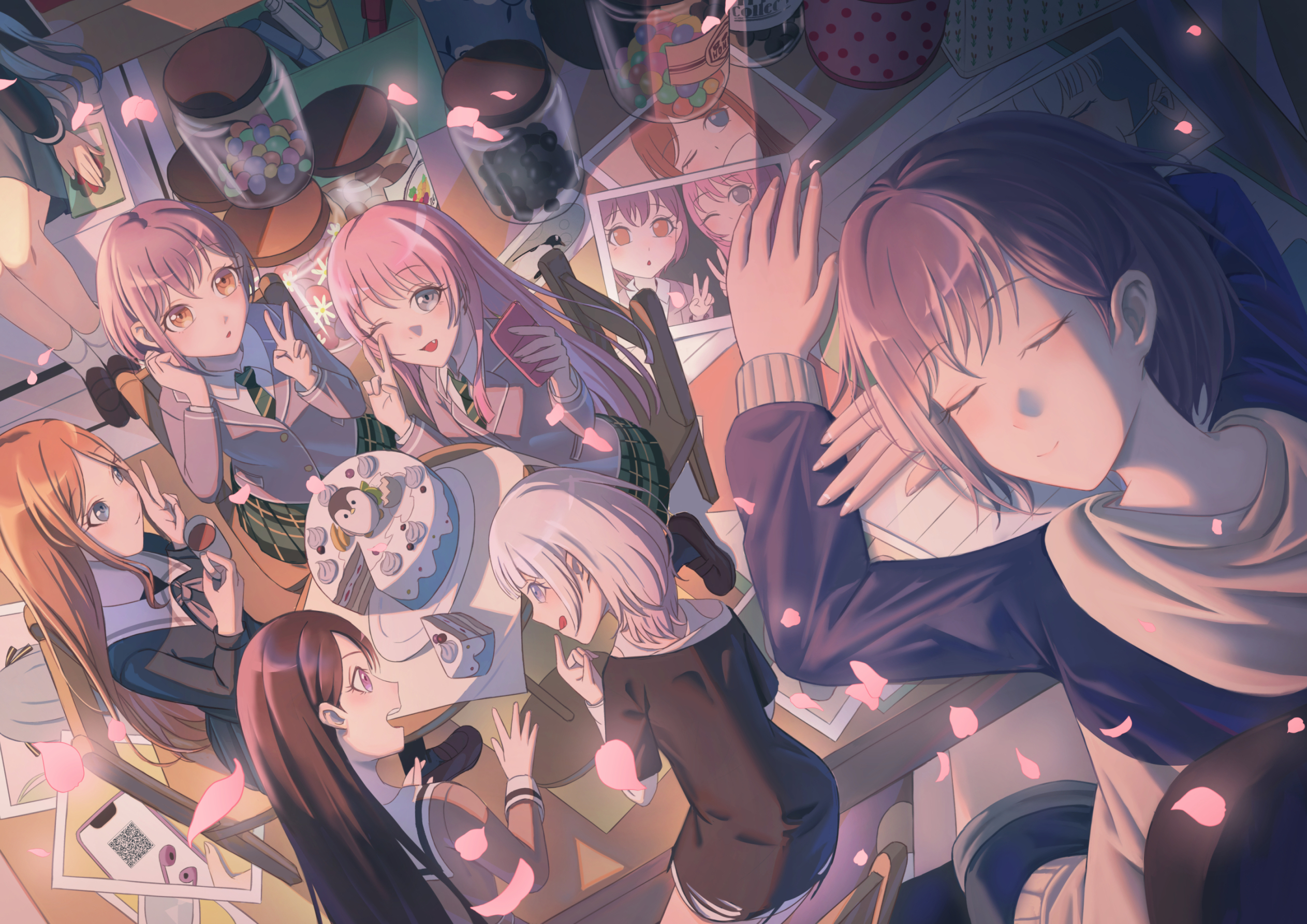 fat123, chihaya anon, kaname raana, nagasaki soyo, takamatsu tomori, togawa sakiko, bang dream!, bang dream! it's mygo!!!!!, chinese commentary, commentary request, highres, 6+girls, black shirt, blue eyes, blue shirt, brown hair, cake, cellphone, closed eyes, closed mouth, diagonal-striped clothes, diagonal-striped necktie, fang, food, green skirt, grey hair, hanasakigawa school uniform, haneoka school uniform, holding, holding phone, jar, long sleeves, multiple girls, necktie, notebook, parted lips, phone, photo (object), purple eyes, qr code, school uniform, shirt, short hair, sidelocks, sitting, skirt, sleeping, smartphone, striped clothes, tsukinomori school uniform, v, white hair