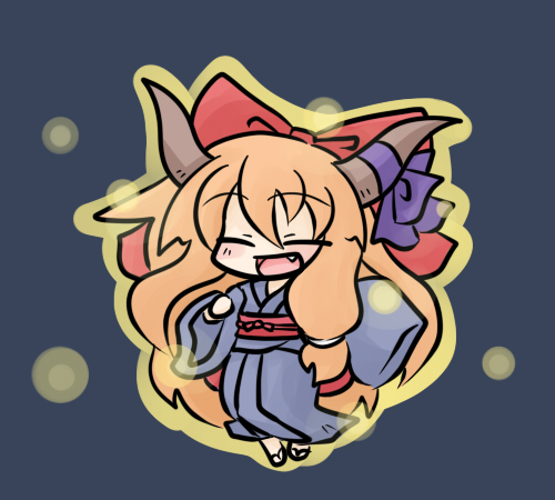 yanagi (nurikoboshi), ibuki suika, touhou, lowres, 1girl, bow, chibi, fang, female focus, hair bow, horns, japanese clothes, kimono, long hair, long sleeves, orange hair, solo