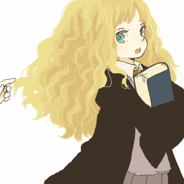 yukke, harry potter, hermione granger, harry potter (series), wizarding world, 1girl, alternate eye color, alternate hair color, animification, blonde hair, book, cloak, curly hair, green eyes, long hair, long sleeves, school uniform, solo focus