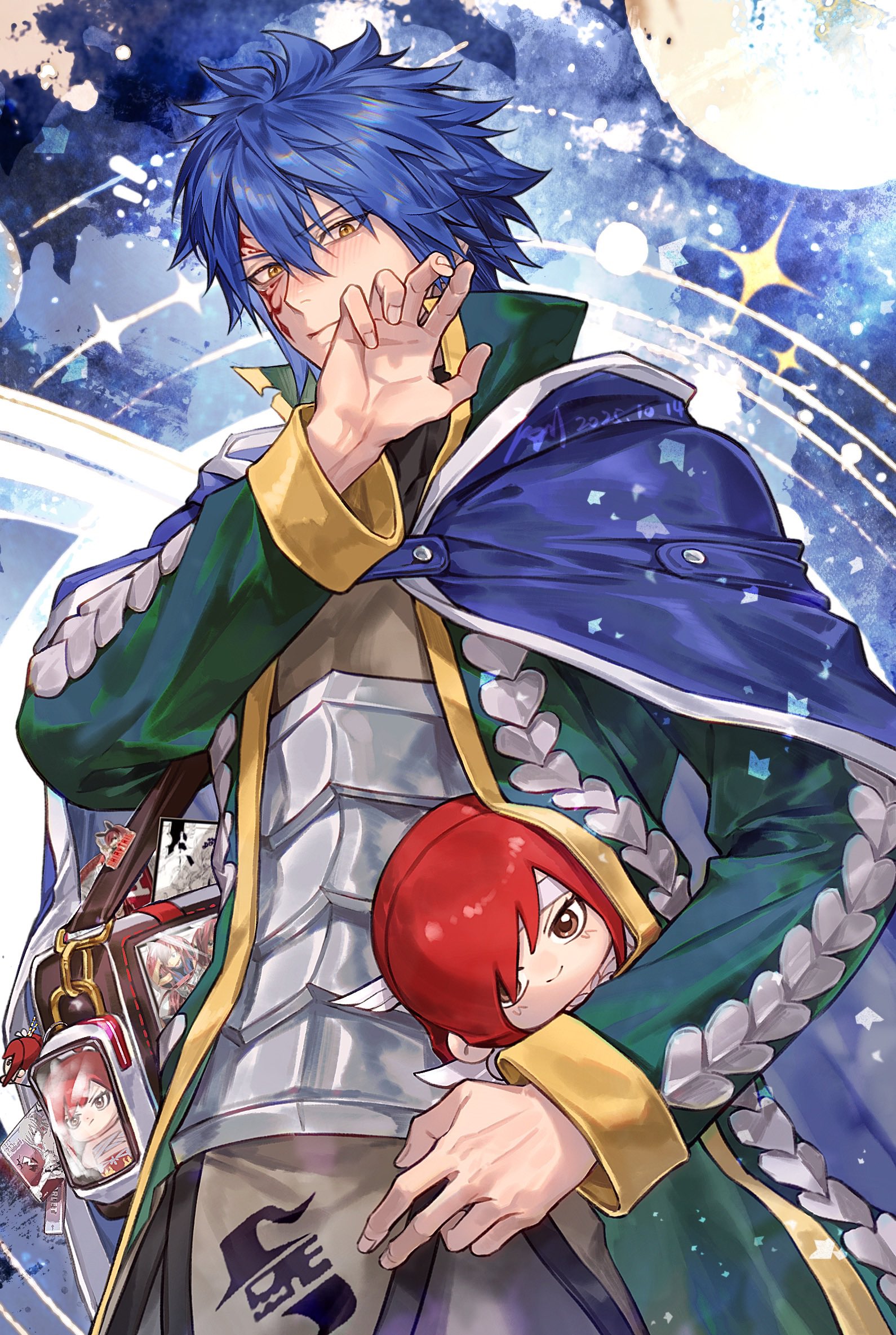xuchuan, erza scarlet, jellal fernandes, fairy tail, commentary request, highres, 1boy, artist name, bag, blue cloak, blue hair, blush, character doll, cloak, closed mouth, cowboy shot, dated, doll, facial tattoo, hair between eyes, hand up, long sleeves, looking at viewer, male focus, solo, spiked hair, tattoo, yellow eyes
