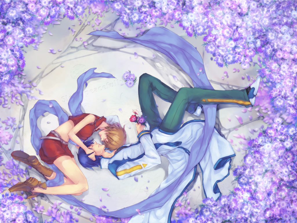 smi, smi (enraku), kaito (vocaloid), meiko (vocaloid), vocaloid, 1boy, 1girl, belt, blue hair, blue scarf, boots, brown hair, closed eyes, couple, flower, hetero, lying, on side, rotational symmetry, scarf, short hair