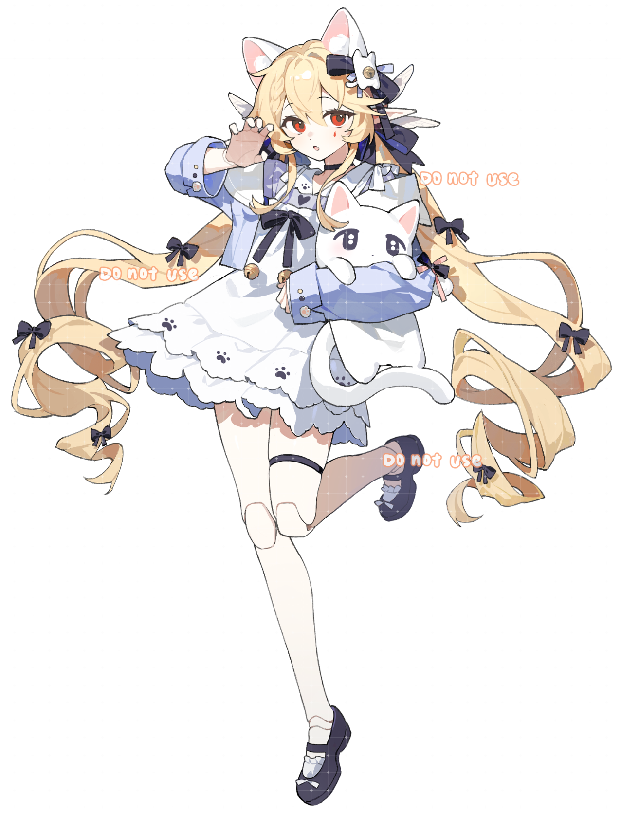 ame ame, original, highres, 1girl, :o, animal, animal ear fluff, animal ears, black bow, black bowtie, black shoes, blonde hair, blue jacket, bow, bowtie, cat, cat ears, cat girl, cat tail, claw pose, doll joints, double-parted bangs, dress, full body, hair between eyes, hair bow, hand up, holding, holding animal, jacket, joints, long hair, long sleeves, looking at viewer, open clothes, open jacket, open mouth, red eyes, shoes, simple background, solo, standing, standing on one leg, tail, watermark, white background, white dress