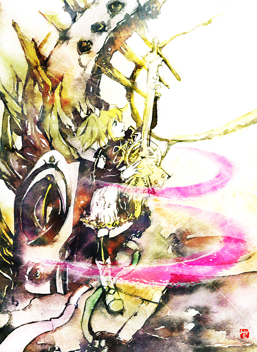 muttiy, kagamine rin, kagamine rin (reactor), meltdown, roshin yuukai (vocaloid), vocaloid, bad id, bad pixiv id, highres, blonde hair, guitar, instrument, short hair, twintails