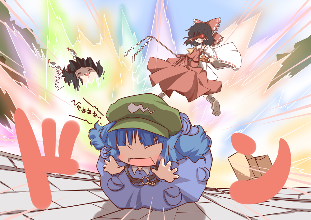 mori no kaeru, hakurei reimu, kawashiro nitori, kimeemaru, shameimaru aya, touhou, 2girls, battle, chibi, explosion, female focus, glowing, glowing eye, glowing eyes, multiple girls, red eyes, two side up, yukkuri shiteitte ne