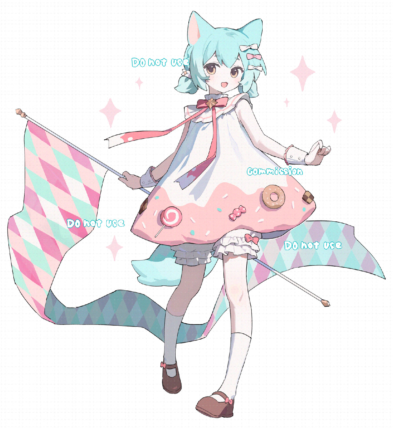 ame ame, original, commission, highres, 1girl, :d, animal ears, bare shoulders, bloomers, blue hair, bow, bowtie, brown shoes, candy, checkerboard cookie, cookie, donut, double-parted bangs, dress, flag, food, food-themed clothes, fox ears, fox girl, fox tail, full body, hair bow, holding, holding flag, lollipop, looking at viewer, mary janes, open mouth, pink bow, pink dress, red bow, red bowtie, shoes, short hair, simple background, sleeveless, sleeveless dress, smile, socks, solo, standing, swirl lollipop, tail, two-tone dress, underwear, watermark, white background, white bloomers, white bow, white dress, white socks, wrapped candy, wrist cuffs, yellow eyes
