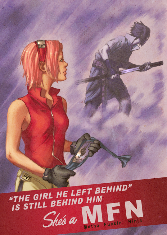 samurai-pet, haruno sakura, uchiha sasuke, naruto (series), naruto, black hair, crossover, gloves, katana, parody, pink hair, propaganda, short hair, sword, weapon, world war ii