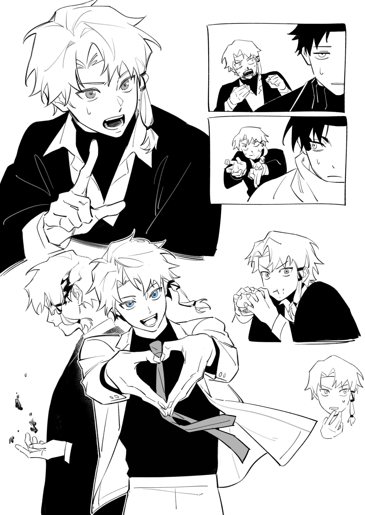 yi (826805607), rokuhira chihiro, sazanami hakuri, uruha youji, kagurabachi, chinese commentary, commentary, highres, 3boys, blood, blood from mouth, blue eyes, burger, casting spell, collared shirt, dress shirt, eating, food, greyscale, heart, heart hands, holding, holding burger, holding food, jacket, male focus, monochrome, multiple boys, multiple views, necktie, nosebleed, shirt, short hair, simple background, single sidelock, spot color, suit jacket, sweat, undershirt