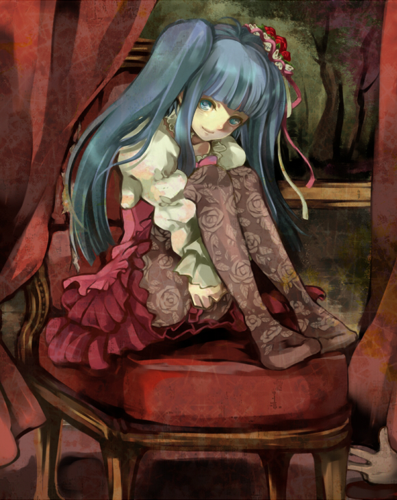 isago (ica), furudo erika, end of the golden witch, umineko no naku koro ni, framed, bad id, bad pixiv id, 00s, 1girl, blue eyes, blue hair, chair, choker, curtains, dress, feet, feet on chair, female focus, flower, hair flower, hair ornament, hugging own legs, light smile, long hair, looking at viewer, matching hair/eyes, no shoes, painting (object), pantyhose, patterned legwear, picture frame, print pantyhose, puffy sleeves, red flower, red rose, red upholstery, rose, sidelocks, sitting, solo, twintails