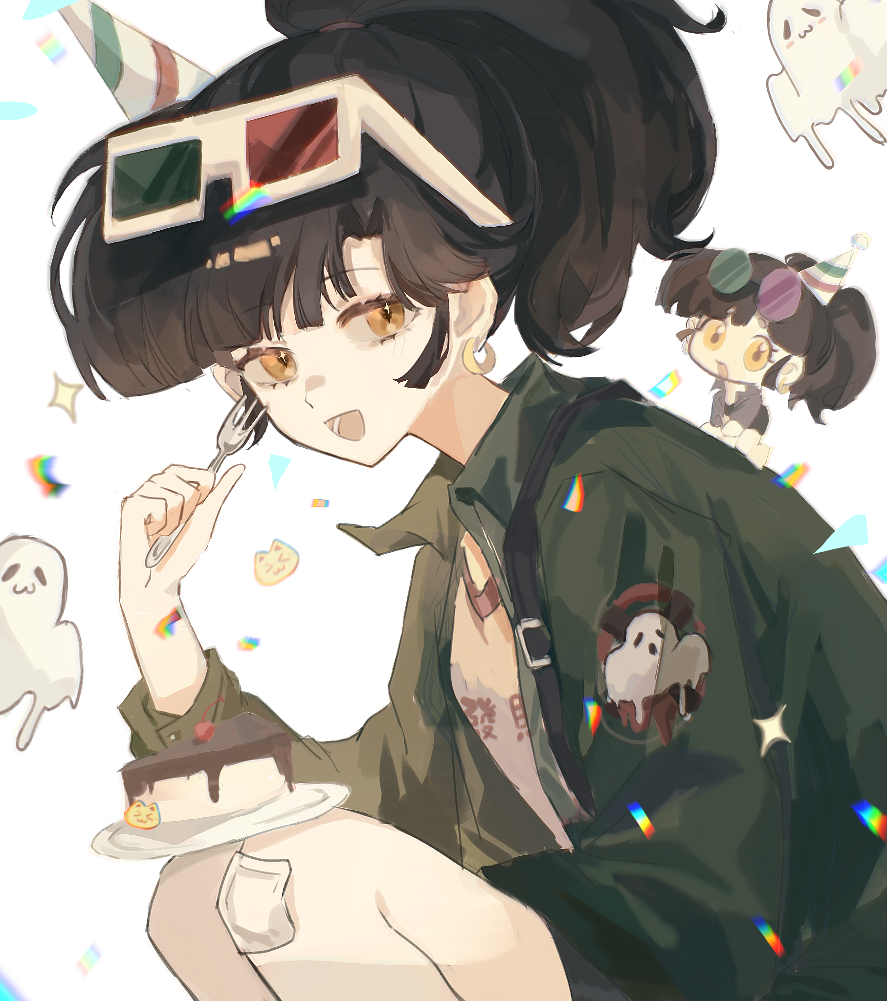 qixianweijin, an-an lee, reverse:1999, highres, 1girl, 3d glasses, :d, black hair, cake, cake slice, chibi, chibi inset, confetti, earrings, eyewear on head, feet out of frame, food, fork, gauze on knee, green jacket, holding, holding fork, hoop earrings, jacket, jewelry, knees to chest, looking at viewer, multiple views, open mouth, plate, ponytail, sheet ghost, smile, solo focus, sparkle, white background, yellow eyes