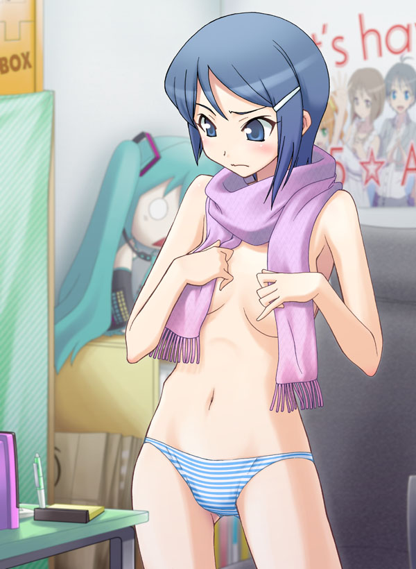 kikujin, hachune miku, hagiwara yukiho, hatsune miku, kikuchi makoto, mizutani eri, takatsuki yayoi, idolmaster, idolmaster (classic), vocaloid, 00s, panties, scarf, solo, striped clothes, striped panties, topless female, underwear, underwear only