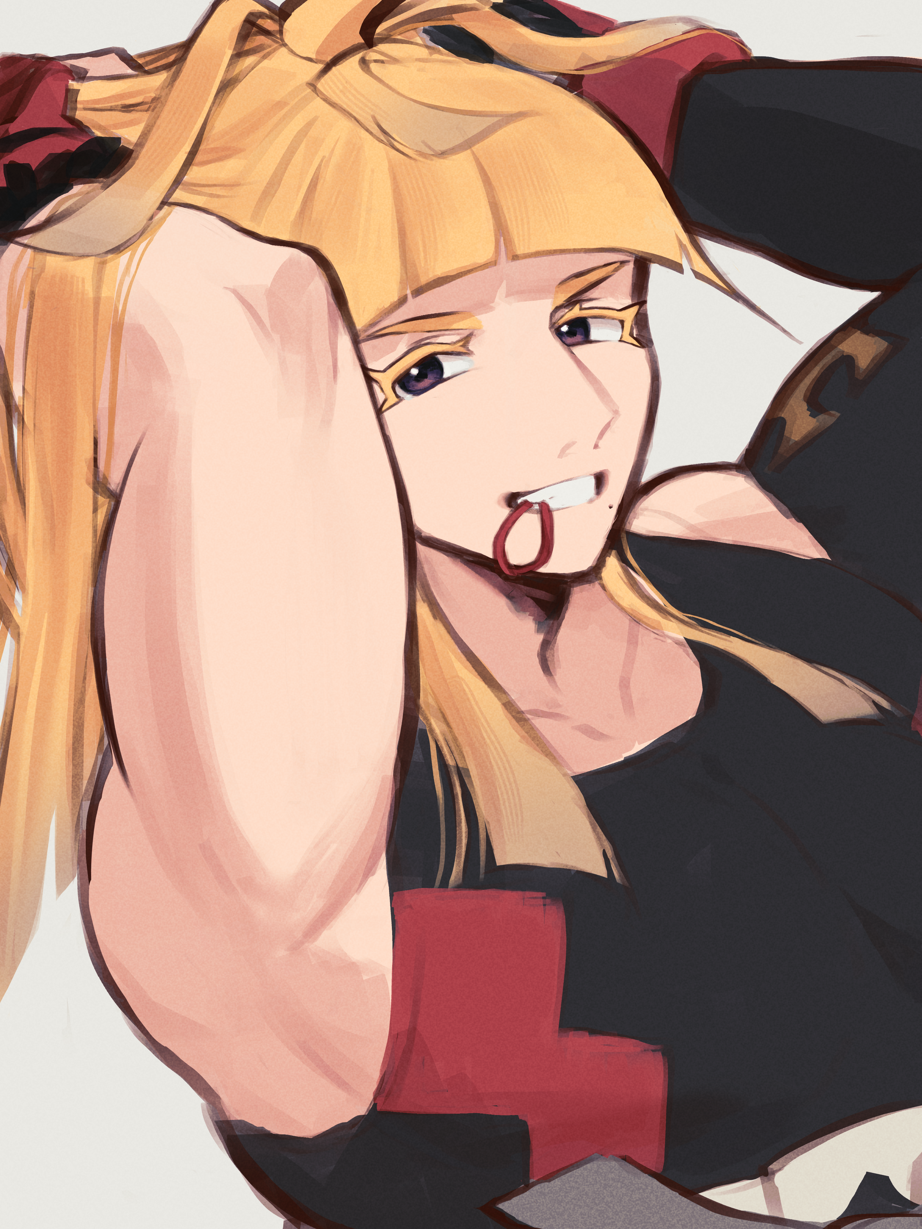 konbu (korehakonbu), ivor (pokemon), nintendo, pokemon, pokemon legends: z-a, absurdres, highres, adjusting hair, arms behind head, arms up, black tank top, blonde hair, colored eyelashes, gloves, hair lift, hair tie, hair tie in mouth, hands in own hair, holding, holding own hair, long hair, looking at viewer, mole, mole under mouth, mouth hold, muscular, muscular male, open mouth, red gloves, smile, solo, tank top, teeth, tying hair, white background