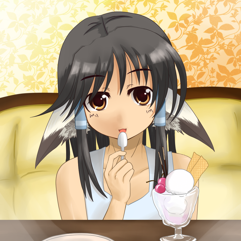 bokunoryuugi, aruruu, utawarerumono, 00s, 1girl, animal ears, black hair, dog ears, eating, female focus, food, ice cream, looking at viewer, orange eyes, pov across table, restaurant, solo, sundae